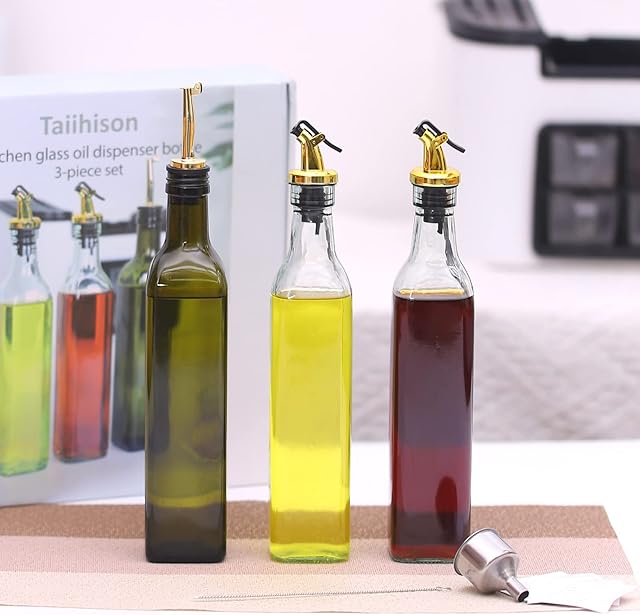 Olive Oil Dispenser Bottle, 500ml Glass Olive Oil Bottles Vinegar Dispenser Set, 1Pcs Olive Oil Dispenser Bottle + 2Pcs Oil Dispenser Bottle for Cooking Baking Salad with 6pcs Pour Spout 1pcs Funnel