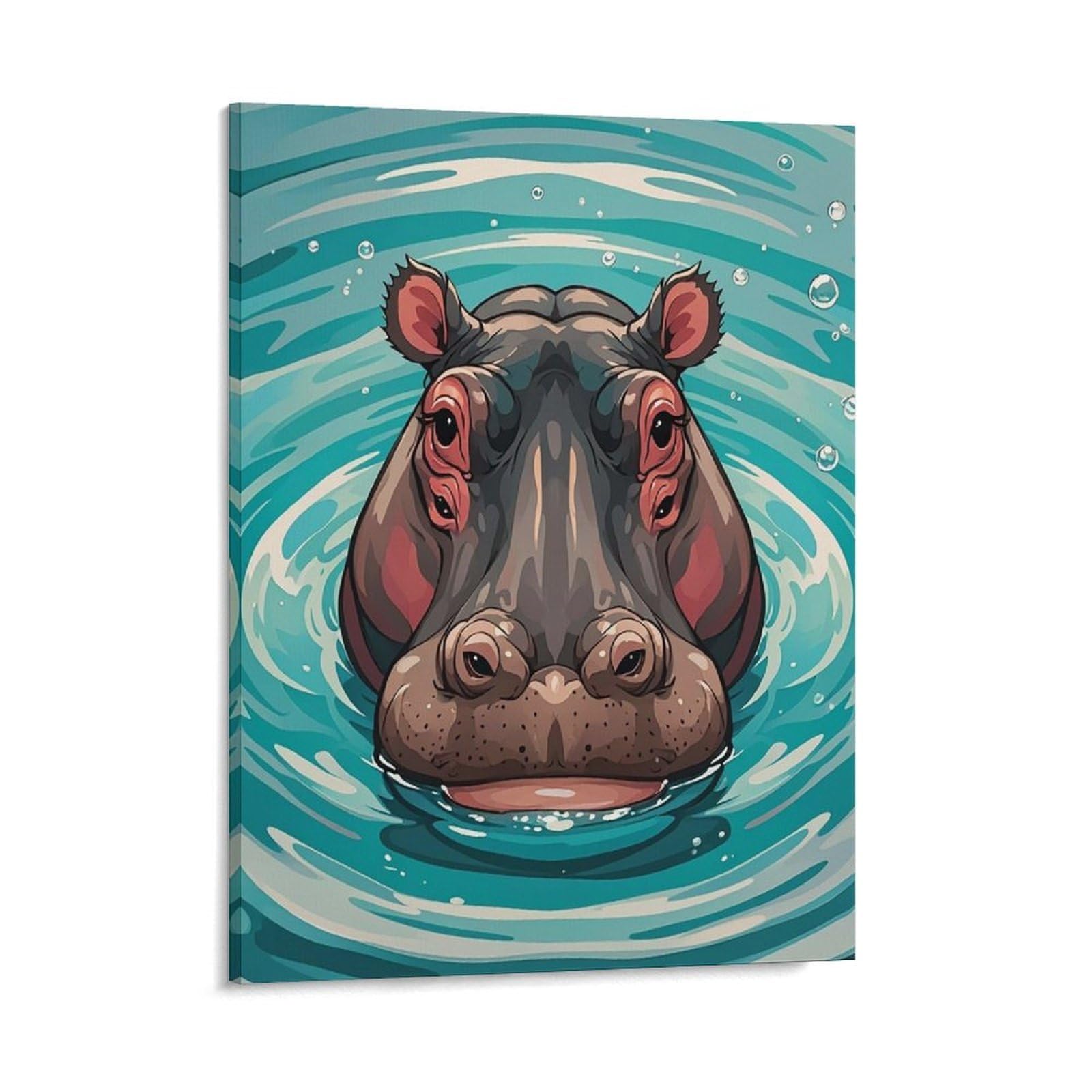 Cute Hippopotamus Wall Art for Home, Abstract Canvas Framed Painting for Living Room, Portable Poster Print for Wall Decor, Personalized Artwork Picture for Hallway, Bedroom 16x20inch(41x51cm)