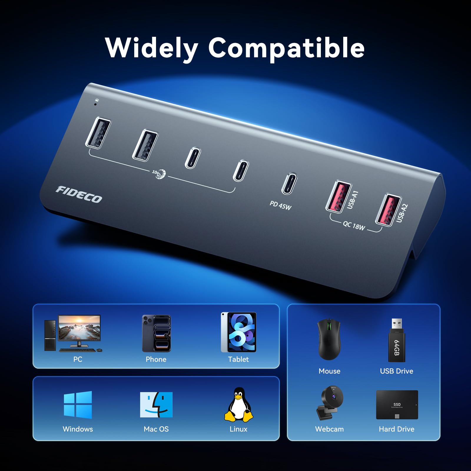 Hub USB alimentato a 7 porte da 72 W, hub USB C con 1 PD 45W, 2 porte di ricarica QC 3.0 e 4 porte USB 3.2 (2 USB-A + 2 USB-C), hub USB in alluminio da 10 Gbps per laptop, PC, MacBook, iPhone 17/16/15