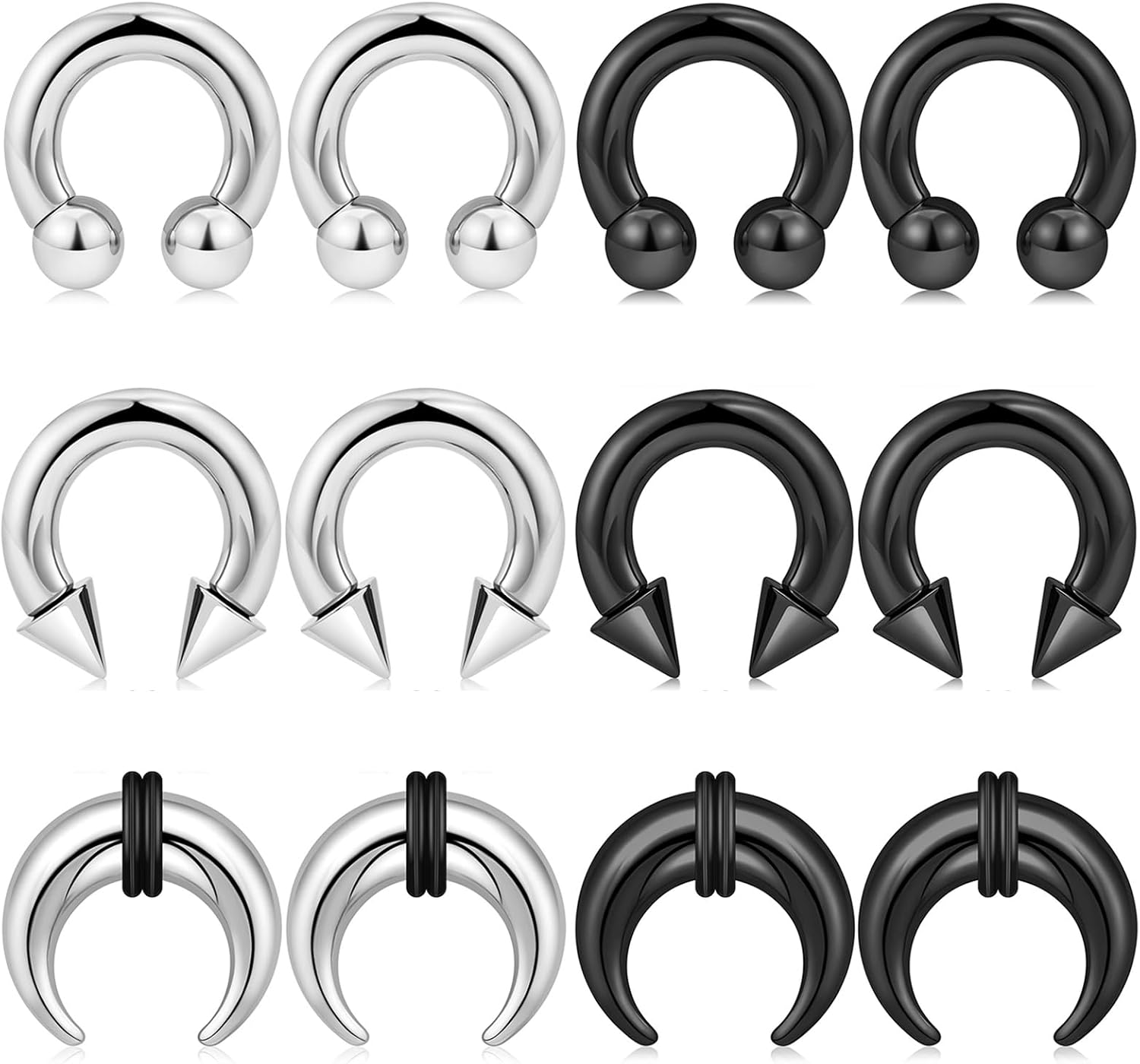 Qmcandy 6-12pcs Septum Pincher Tapers 8G 6G 4G 2G Stretching Kit C Shape Septum Piercing Jewelry Heavy Ear Gauges Earrings Horseshoe Nose Rings for Women Men