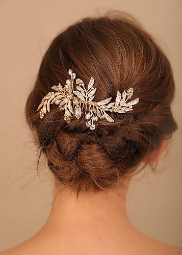 Miniatura 4 de Denifery Peine para el pelo de boda con diamantes de imitación dorados de flores y hojas para novia accesorio de boda