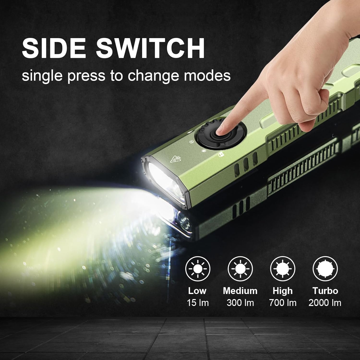 Hand pressing the side switch of JETBeam E26 to cycle through brightness modes: Low, Medium, High, Turbo