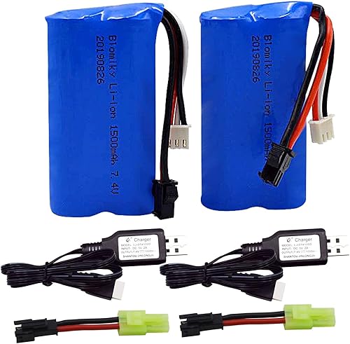 Blomiky Paquete de 2 baterías H101 7.4V 2S 15C 1500mAh con enchufe SM 2P y cable de cargador USB para H105 H103 H101 Control remoto RC Boat H101