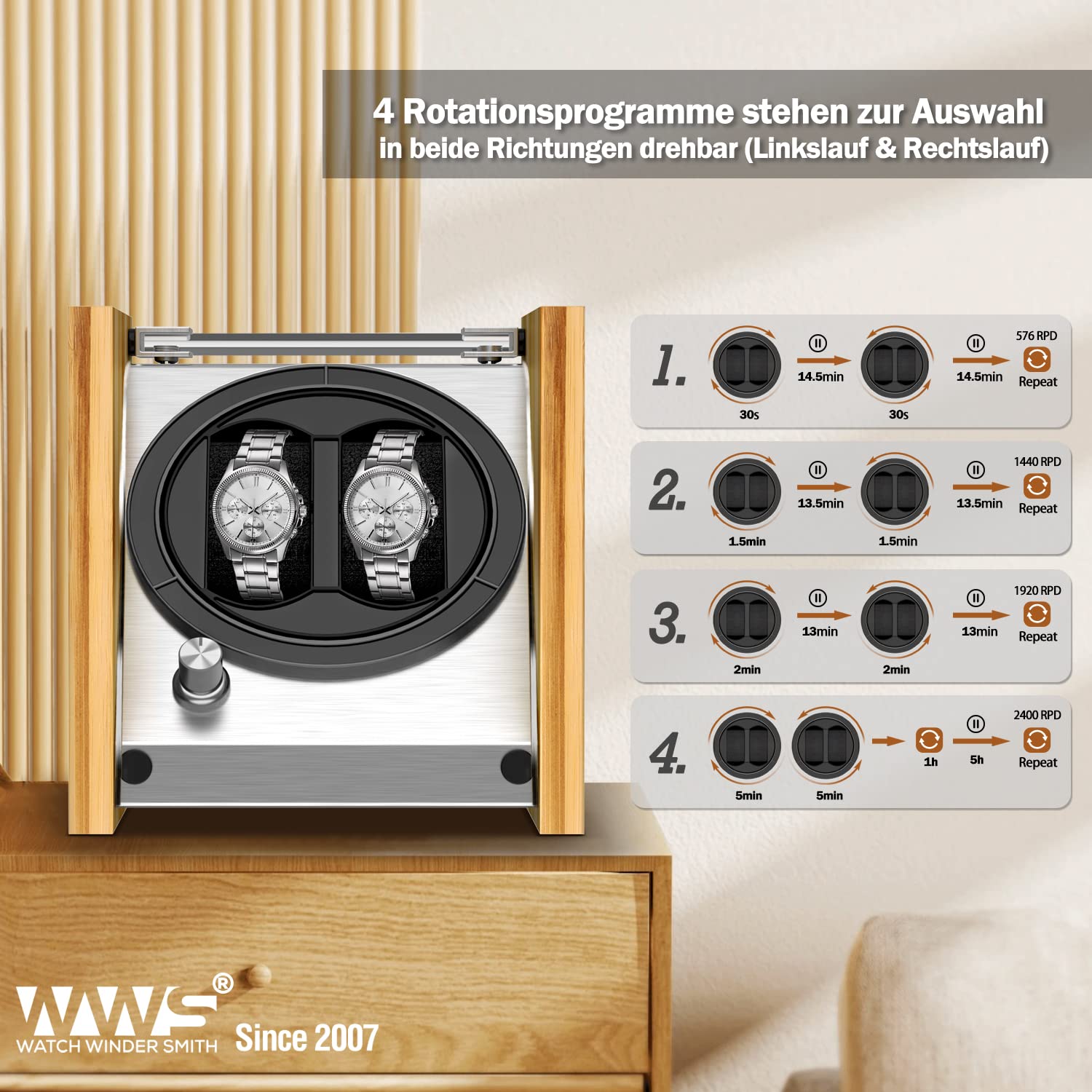Watch Winder Smith Uhrenbeweger für 2 Uhren – Automatischer Uhrendreher mit 4 Laufmodi, leisem Japan-Motor & wahlweiser AC-/DC-Stromversorgung