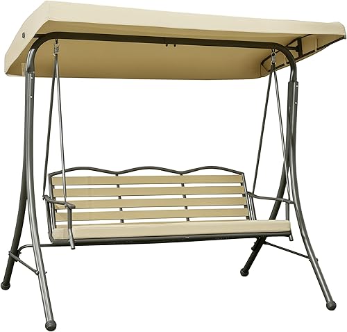 Outsunny Silla de columpio de 3 asientos para patio, columpio para porche con cojín de asiento, toldo ajustable, marco de acero resistente a la