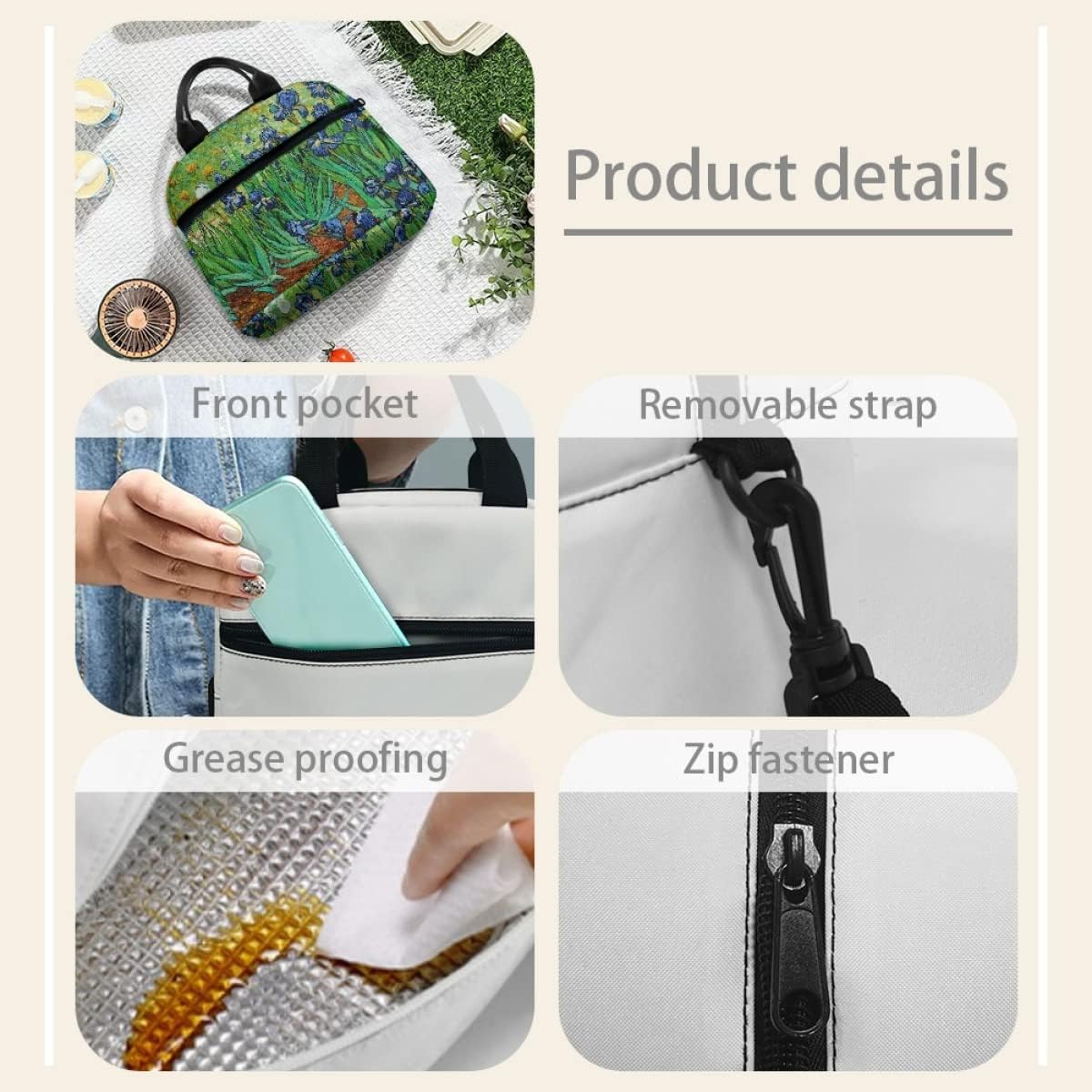 ENLACHIC Van Gogh Van Gogh Irises Lunch Bag Container Insulated Zipper Durable Waterproof Cooler Lunch Box Tote Bag for Women Men Work School Picnic Outdoor