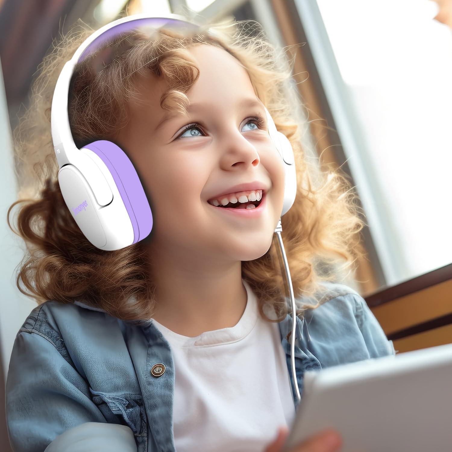 Jimonyer Auriculares para niños para la escuela, auriculares con cable jack de 3.5 mm para niños con limitador de volumen seguro, sonido estéreo HD, auriculares supraaurales para niñas, niños, para