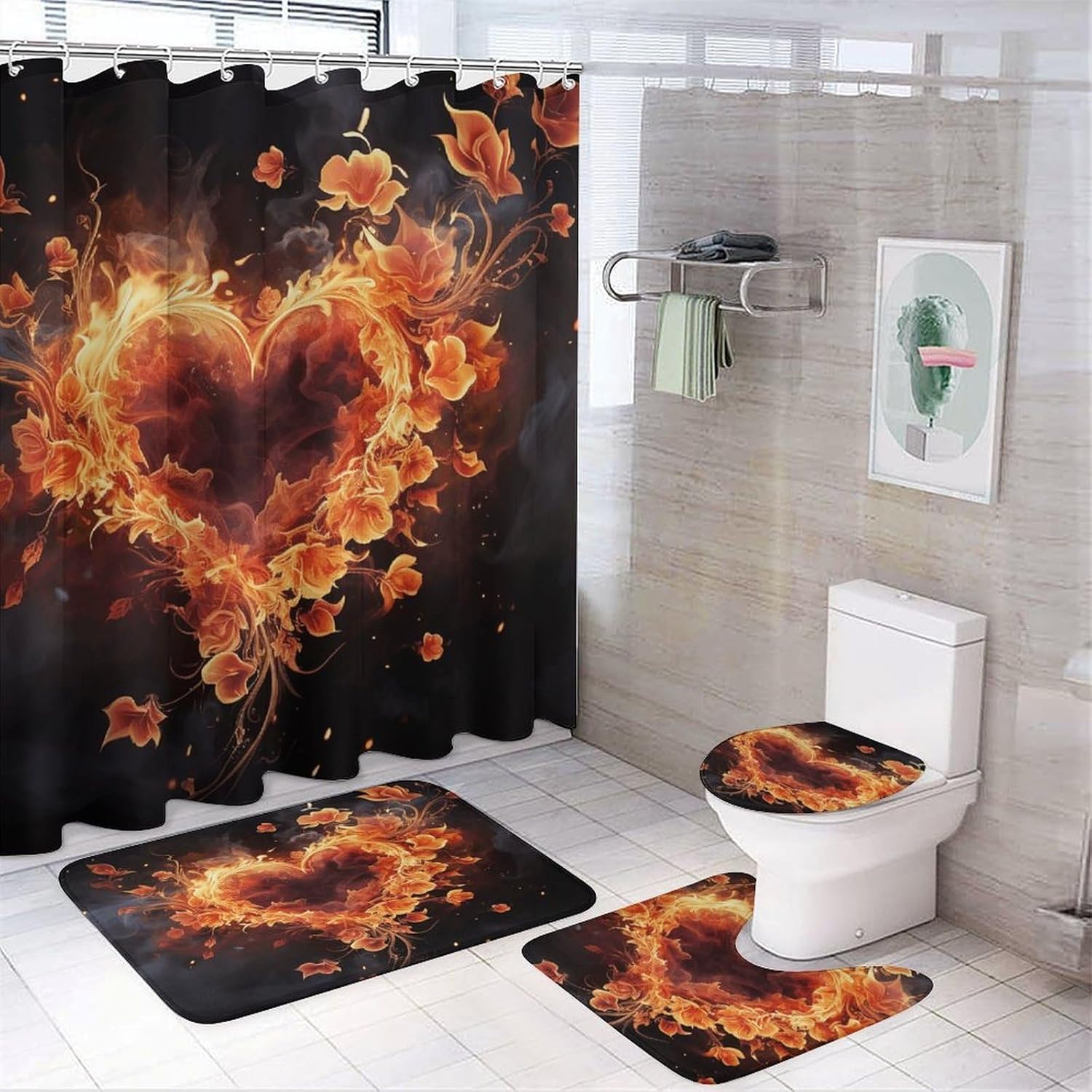 Fire Flowers and Heart 4Pcs Shower Curtain Set with Non-Slip Rugs, Toilet Lid Cover and Bath Mat,Bathroom Set Decor Accessories,Curtain Set with 12 Hooks, 72 X 72 Inch