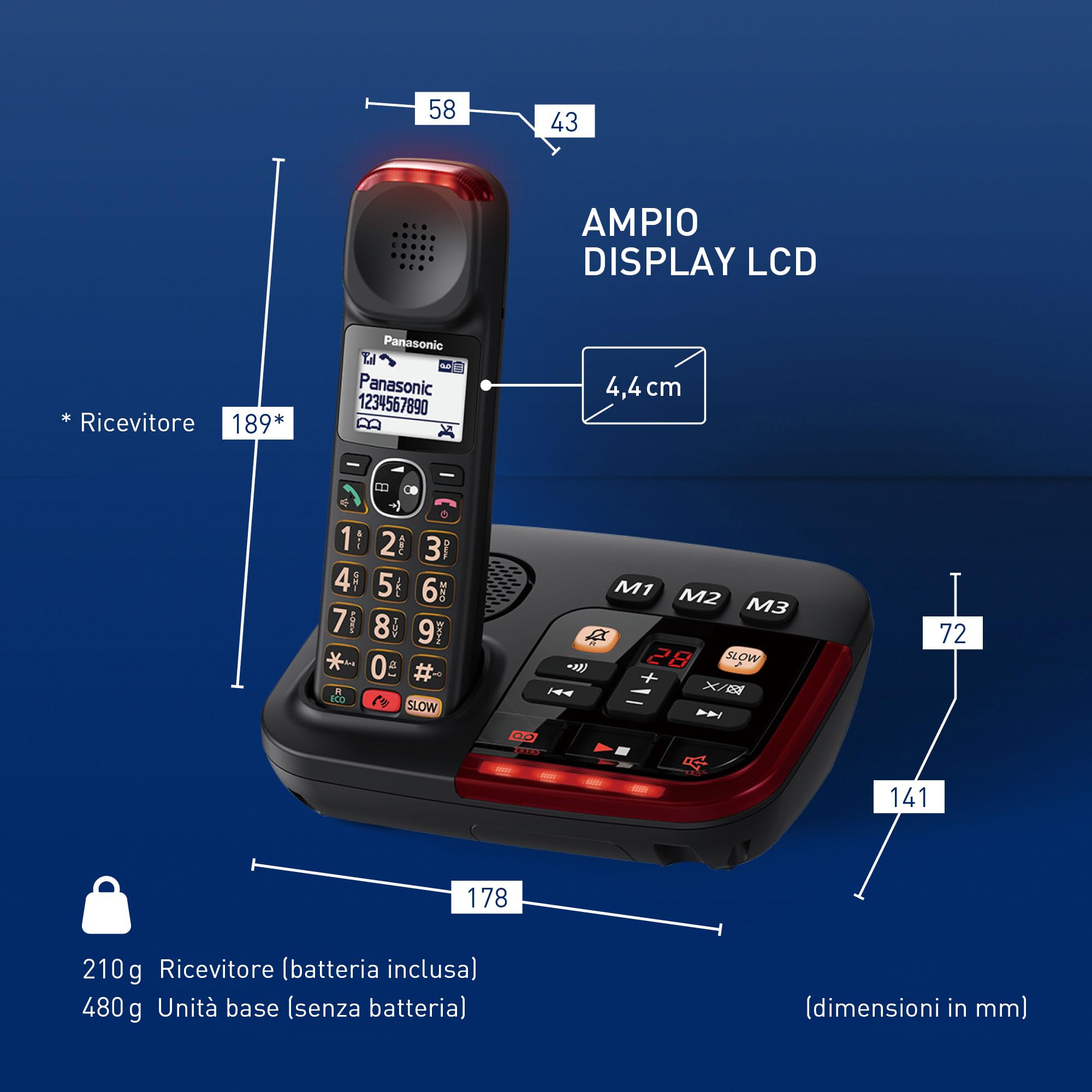 Panasonic KX-TGM420EXB Telefono Cordless Digitale con Segreteria Telefonica Digitale, Unità Base e Ricevitore Singolo, Volume Alto, Modalità Conversazione Lenta, Compatibile con Apparecchi Acustici