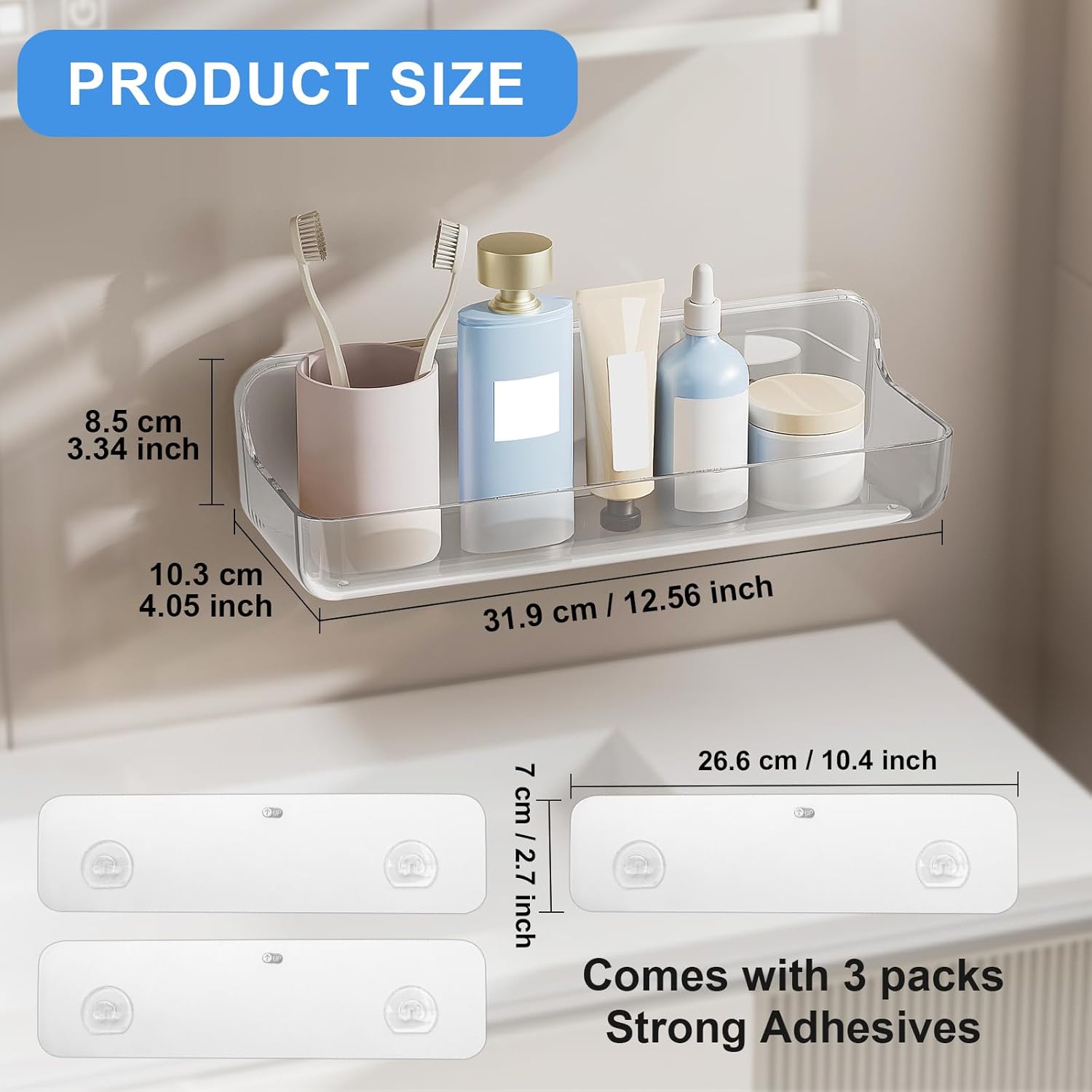 Diesisa 2pc Acrylic Wall Mount Organizer - Adhesive Shelf - Wall Organizers - No Drilling - Bathroom Shelves - Stick Wall Shelf with 3packs Self Adhesive Tapes, for Bathroom, Kitchen-Clear - Image 2