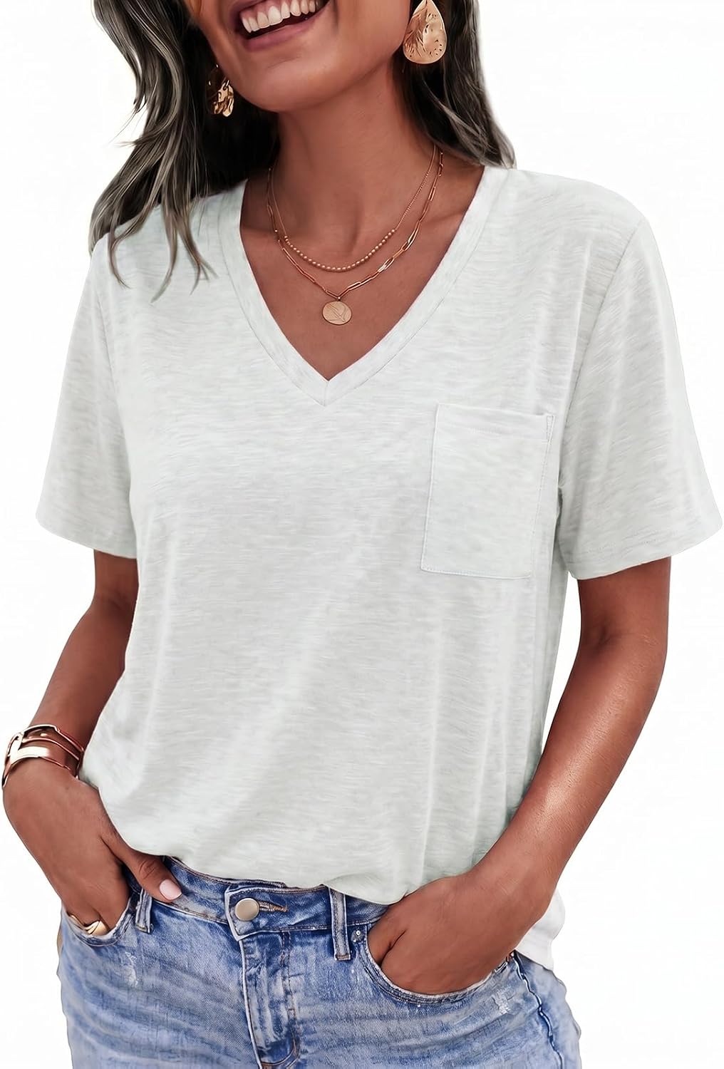 Womens V Neck Tshirts Short Sleeve Loose Casual Summer Tops with Pokcet