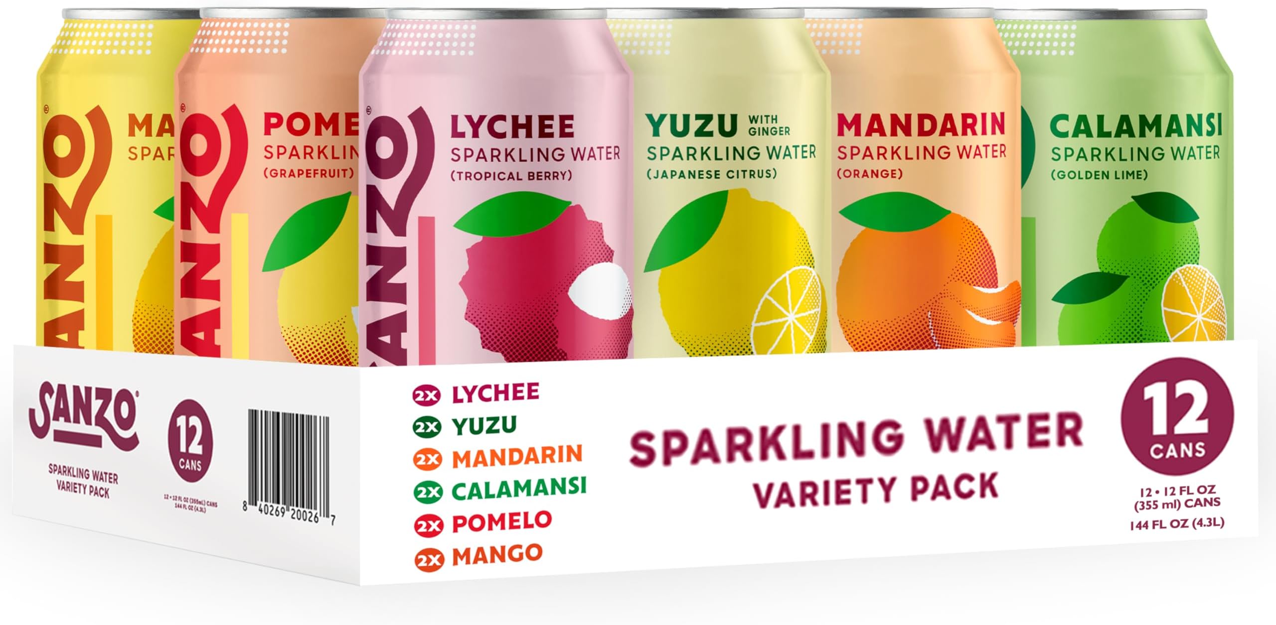 Sanzo Flavored Sparkling Water Variety Pack - Yuzu Lemon Soda, Calamansi Lime Seltzer Water, Pomelo Grapefruit Soda, Mango Sparkling Drink, Lychee Carbonated Drinks, Mandarin Orange - 12oz, 12 Pack