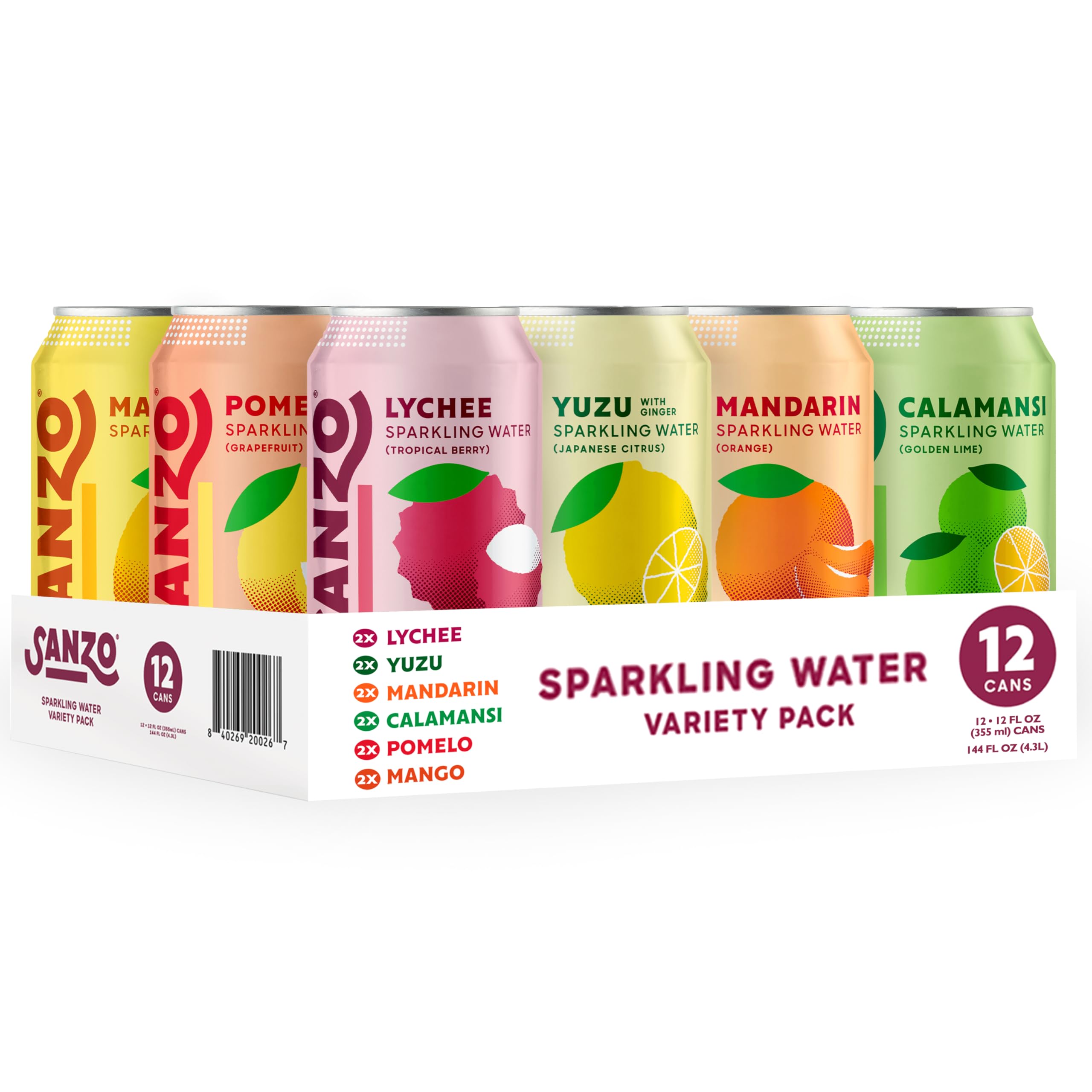 Flavored Sparkling Water Variety Pack - Yuzu Lemon, Calamansi Lime, Pomelo Grapefruit, Mango, Lychee, Mandarin Orange - Asian Drinks Carbonated Flavored Water, Fizzy Seltzer - 12oz, 12 Pack