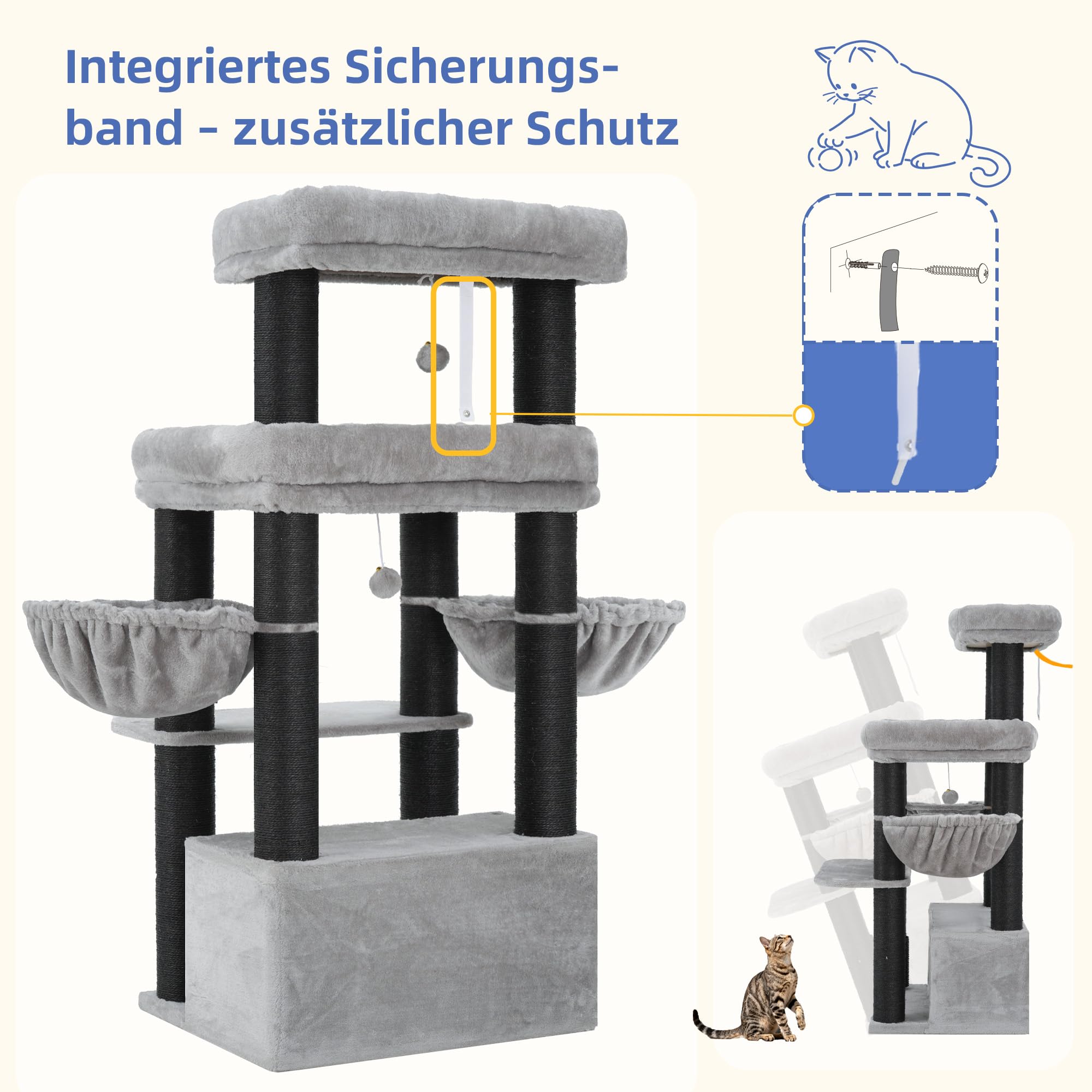 Hey-brother Kratzbaum, Stabil Katzenbaum für große Katzen und Maine Coons, mit 8 cm dicken Sisal-Kratzpfosten, Zwei Plattformen, Zwei Körben, großer Höhle und Fellpflegegerät, Hellgrau EMPJ02W