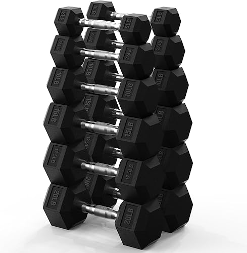 Miniatura 14 de PAPABABE Juego de mancuernas hexagonales de 45 a 550 libras, mancuernas de gimnasio en casa con revestimiento de goma, mancuernas para mujeres y
