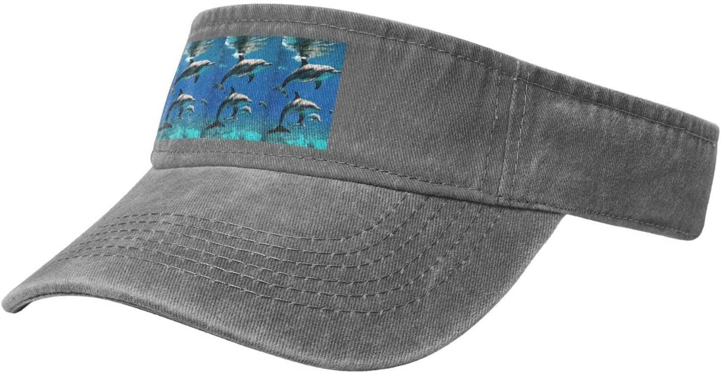 Funny Animal Dolphin Print Washed Denim Empty Top Sun Cap, Adjustable Curved Brim for Men Women Outdoor