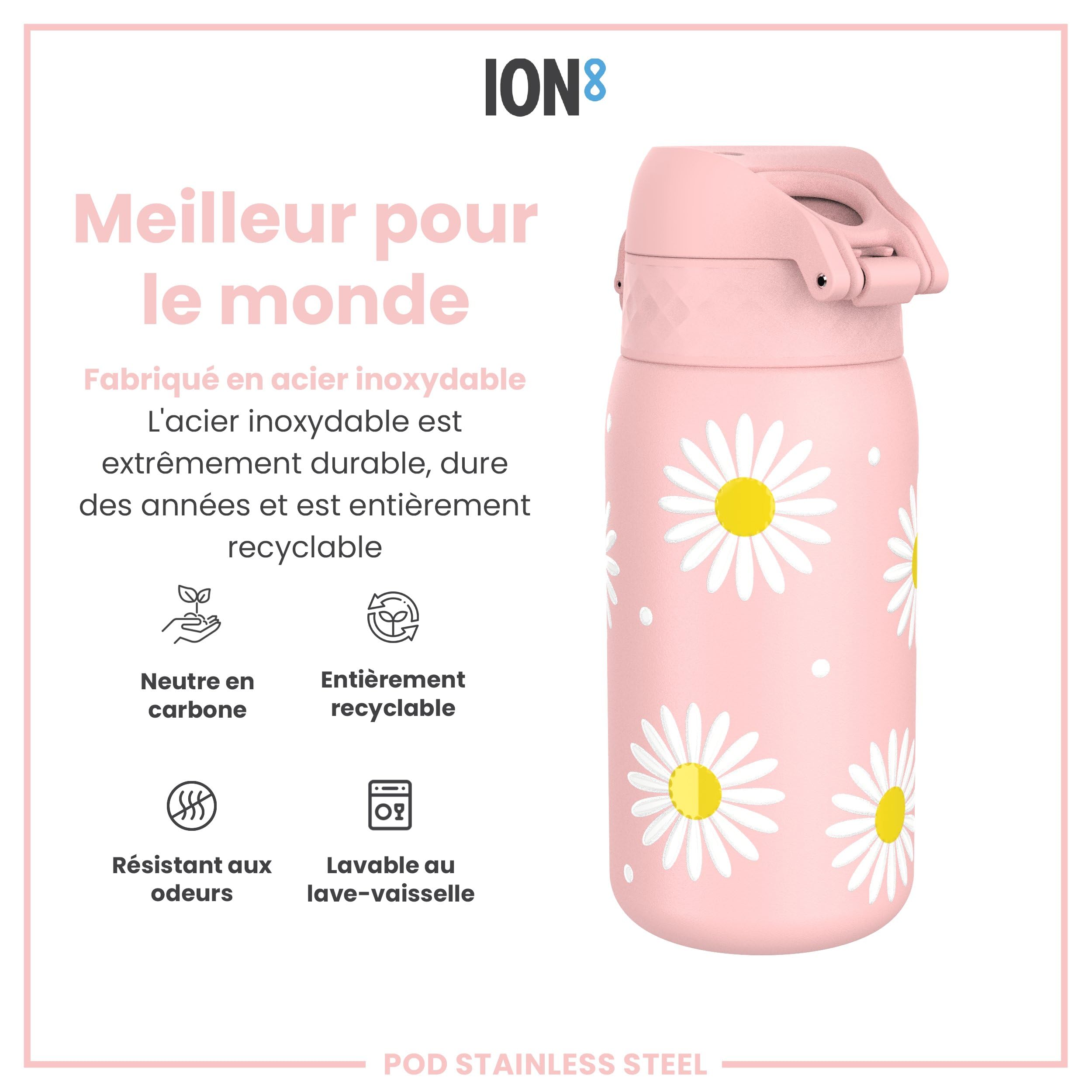 Ion8 Gourde Enfant Inox 400ml Anti-Fuite Verrouillage Sécurisé Lavable Lave-Vaisselle Acier Inoxydable Marguerites