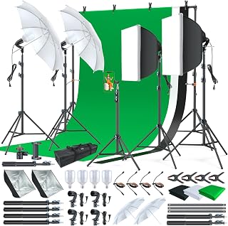 LINCO AM169 Photo Video Studio Light Kit with 3 Color Backdrops (Black/White/Green) - Softboxes, Umbrellas, LED Bulbs