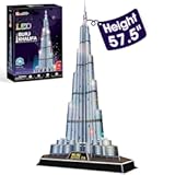 3D Puzzles LED Dubai Burj Khalifa 57&period;5" H Architecture Building Model Kits for Adults&comma; Souvenir Decoration and Birthday Gifts for Men and Women&comma; the Tallest Tower 136 Pcs