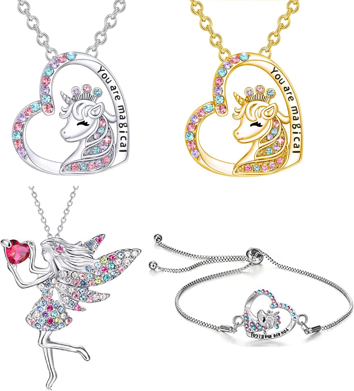 4 Packs Unicorn Necklace with Bracelet for Girls Pendant CZ Stone Cute Colorful Unicorn Princess Magical Crown Jewelry Gifts for Teen Kids