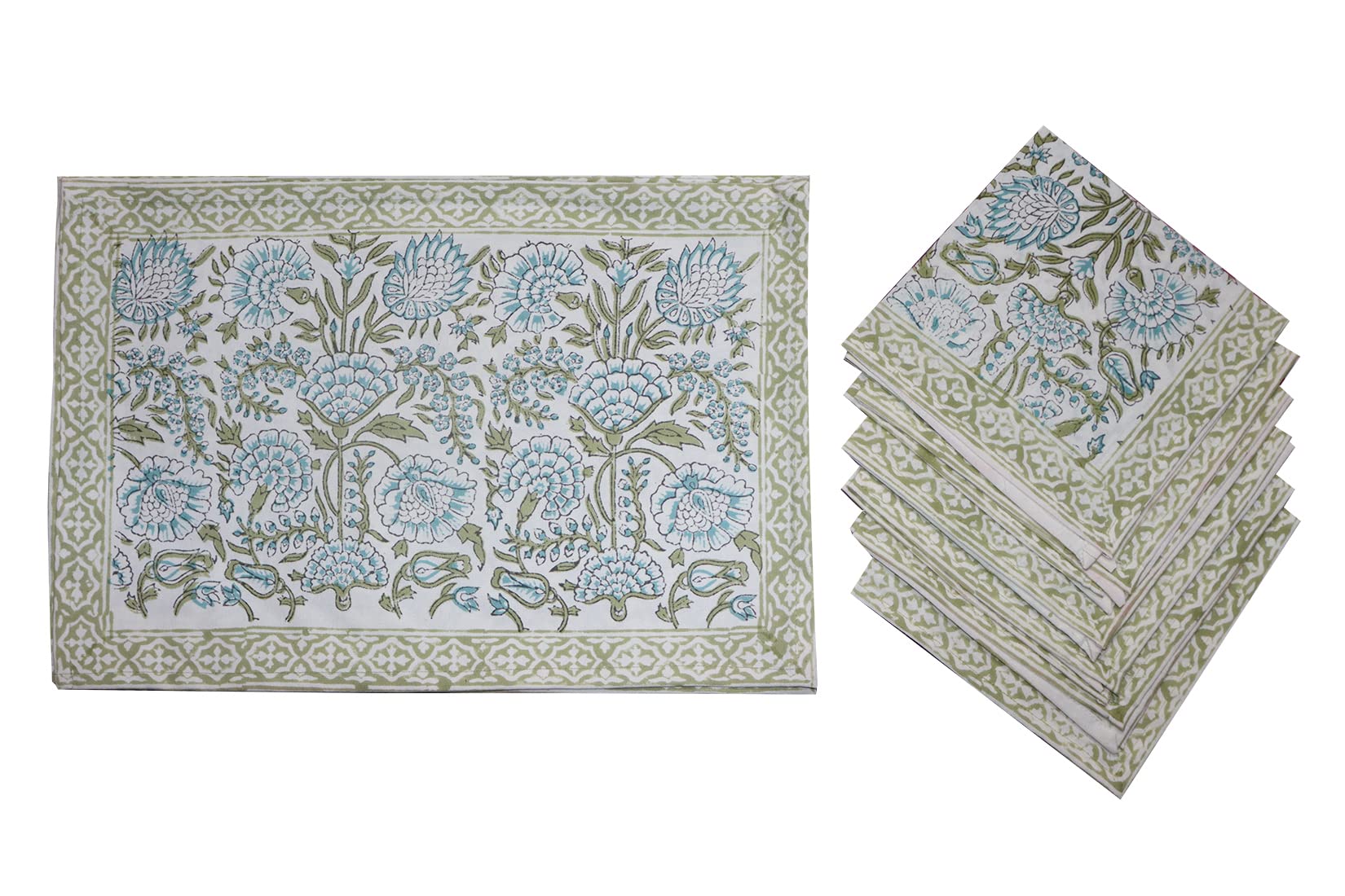 RADHIKA IMPEXDining Table Placemats with Napkin Sets Indian Cotton Hand Block Printed Washable Table mats for Food Serving Set of 6 (Light Green)