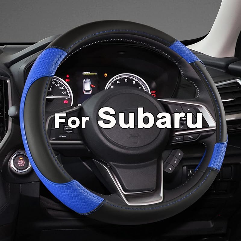 Capa para volante Subaru GIANT PANDA com ajuste específico, couro com padrão losango, preto e azul, 37 a 38 cm, 1 unidade