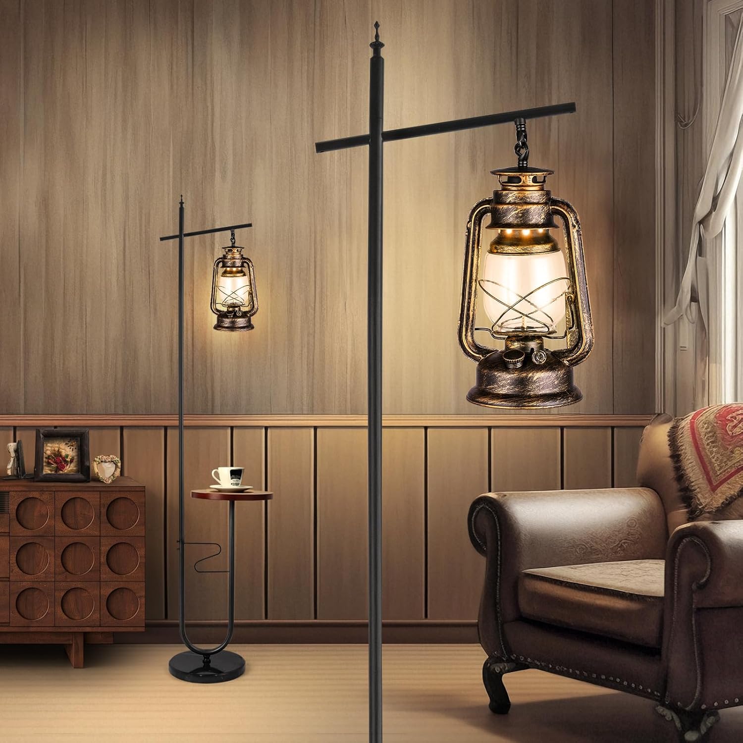 Vintage Floor Lamp with Table,Classical Lantern Standing Rustic Farmhouse Nightstand Hanging Arc Floor Lamp with Bronze Gold Finish,for Living Room,Bedroom,Reading Room(Bronze)