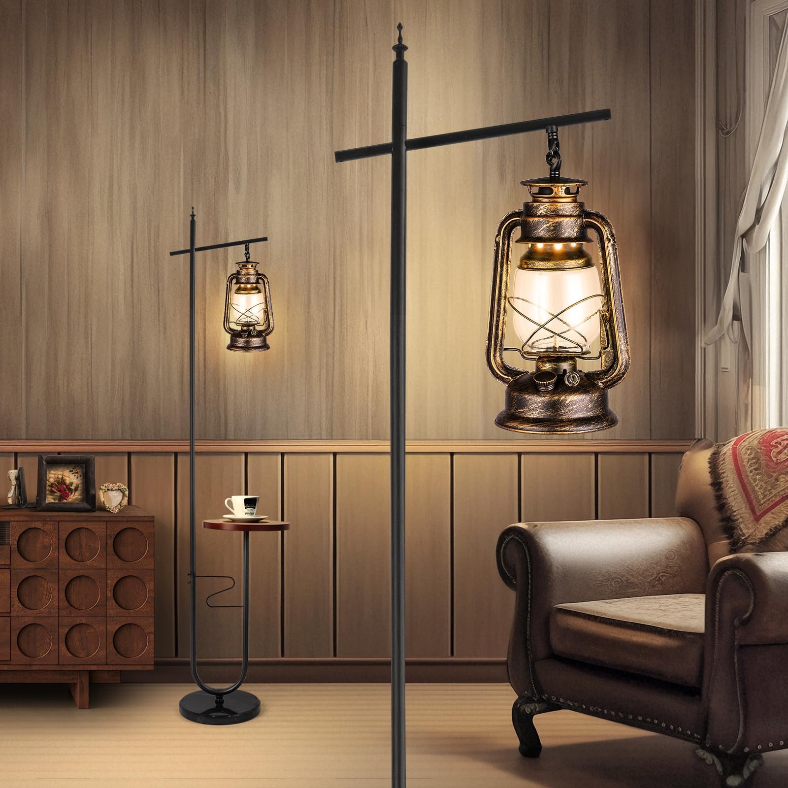 Vintage Floor Lamp with Table,Classical Lantern Standing Rustic Farmhouse Nightstand Hanging Arc Floor Lamp with Bronze Gold Finish,for Living Room,Bedroom,Reading Room(Bronze)