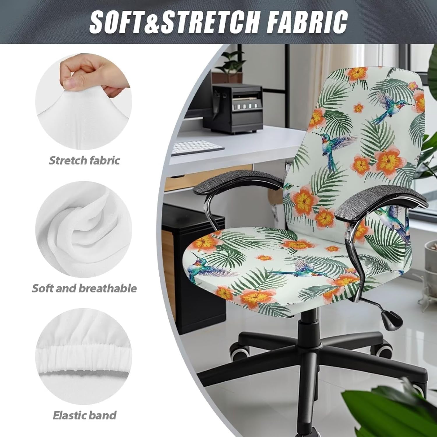 Office Chair Cover, Hummingbird Stretch Waterproof Computer Chair Slipcovers Easy to Install Chair Protective Covers Removable Dining Chair Cover for Office Worker