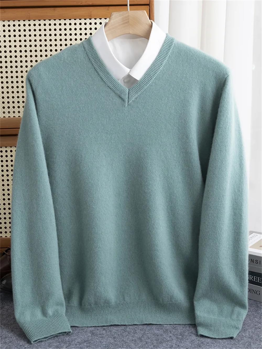 Adhdyuud Maglione invernale da uomo in lana merino con scollo a V a maniche lunghe in cashmere spesso