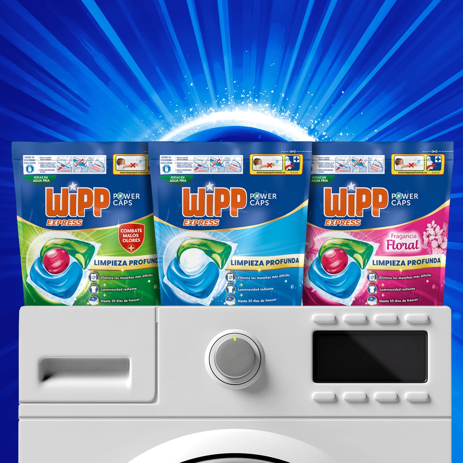 Wipp Express Power Caps Higiene y Antiolores Detergente en Cápsulas para Lavadora 55 Dosis (pack de 4; total: 220 dosis), Limpieza Profunda, Eficaz en agua fría