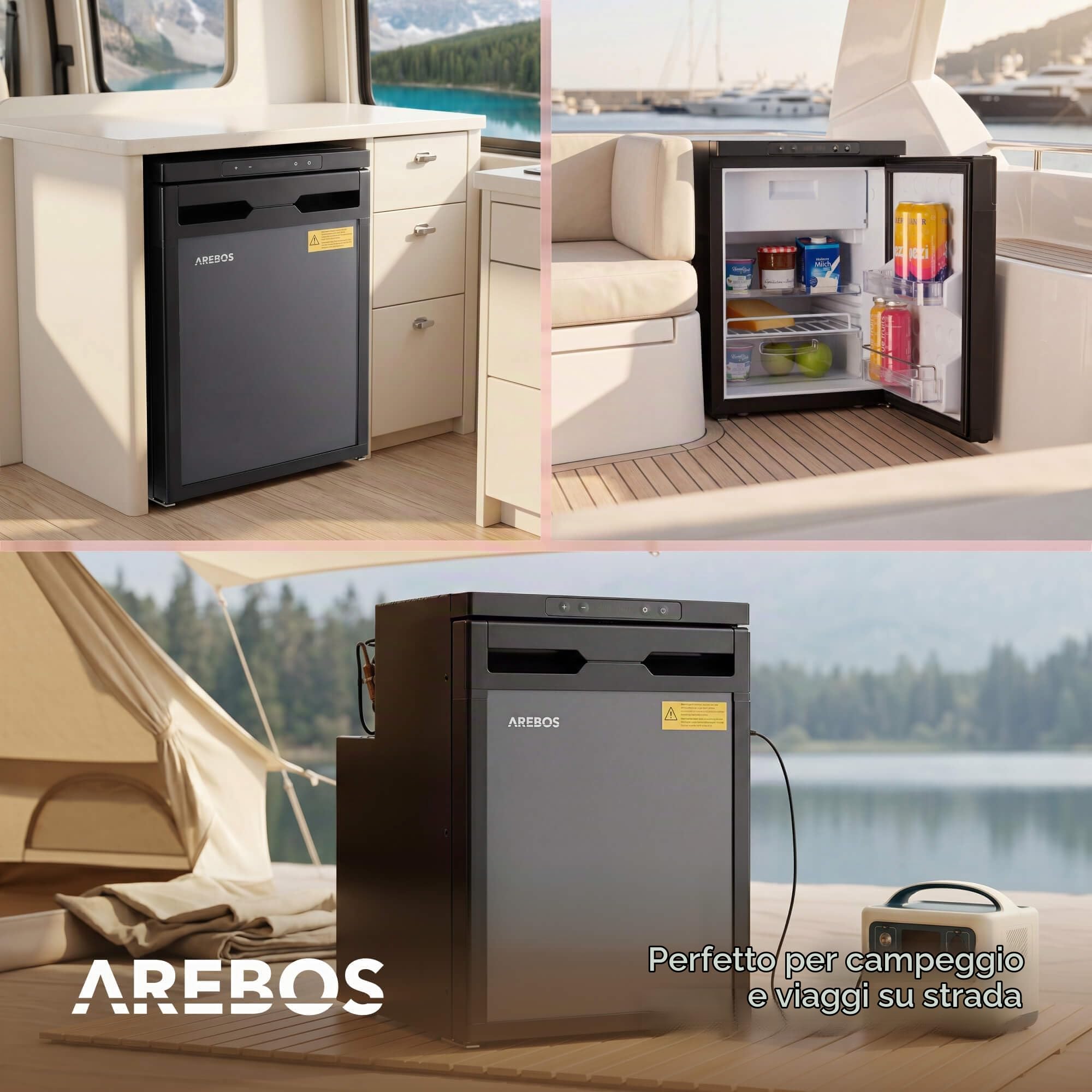 Arebos Frigorifero a Compressore per Camper 50L con Scomparto Congelatore | Controllo APP | 12V/24V | Fino a -20°C | Porta Reversibile | Frigorifero per Camper, Van, Auto e Camion