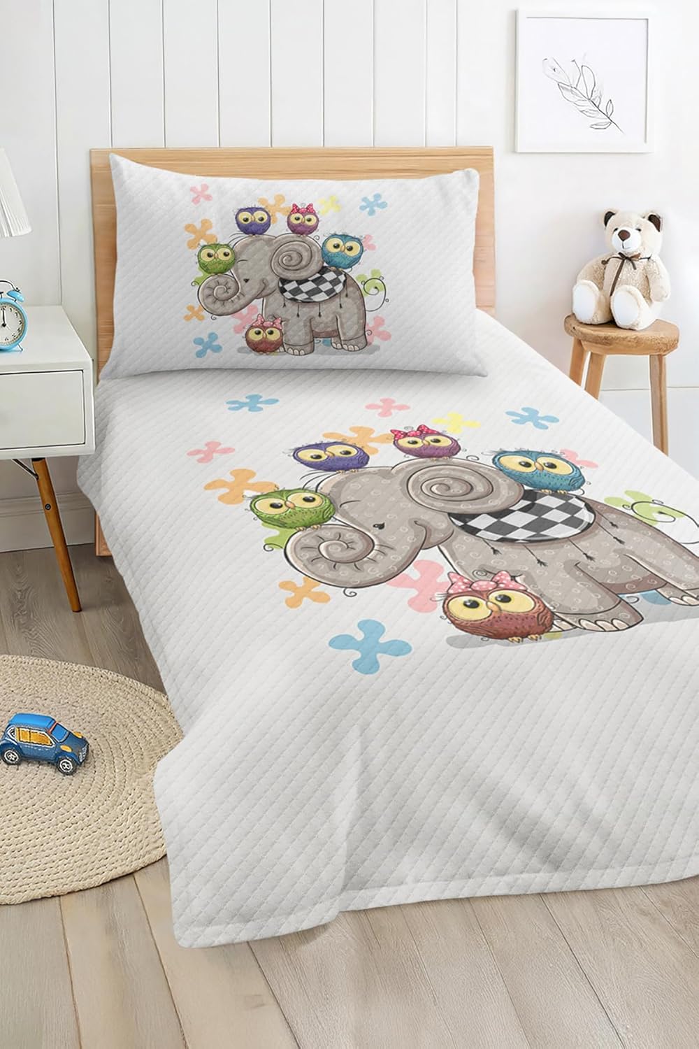 SODEF Quilt Set Twin Size Pastel Elephant and Bird Pattern Cotton Polyester Blend Lightweight Bedding for Kids and Teens, 2 Piece Set - Multicolor, One Size