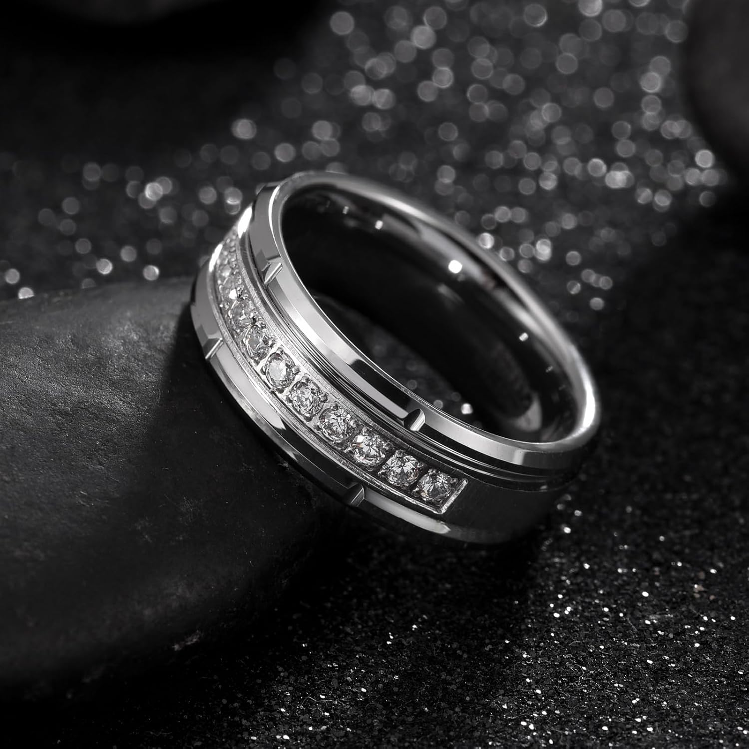 Mens Wedding Band Tungsten Tungsten Carbide Rings for Men with Polished Step Edges Cubic Zirconia Comfort Fit Size 8-14