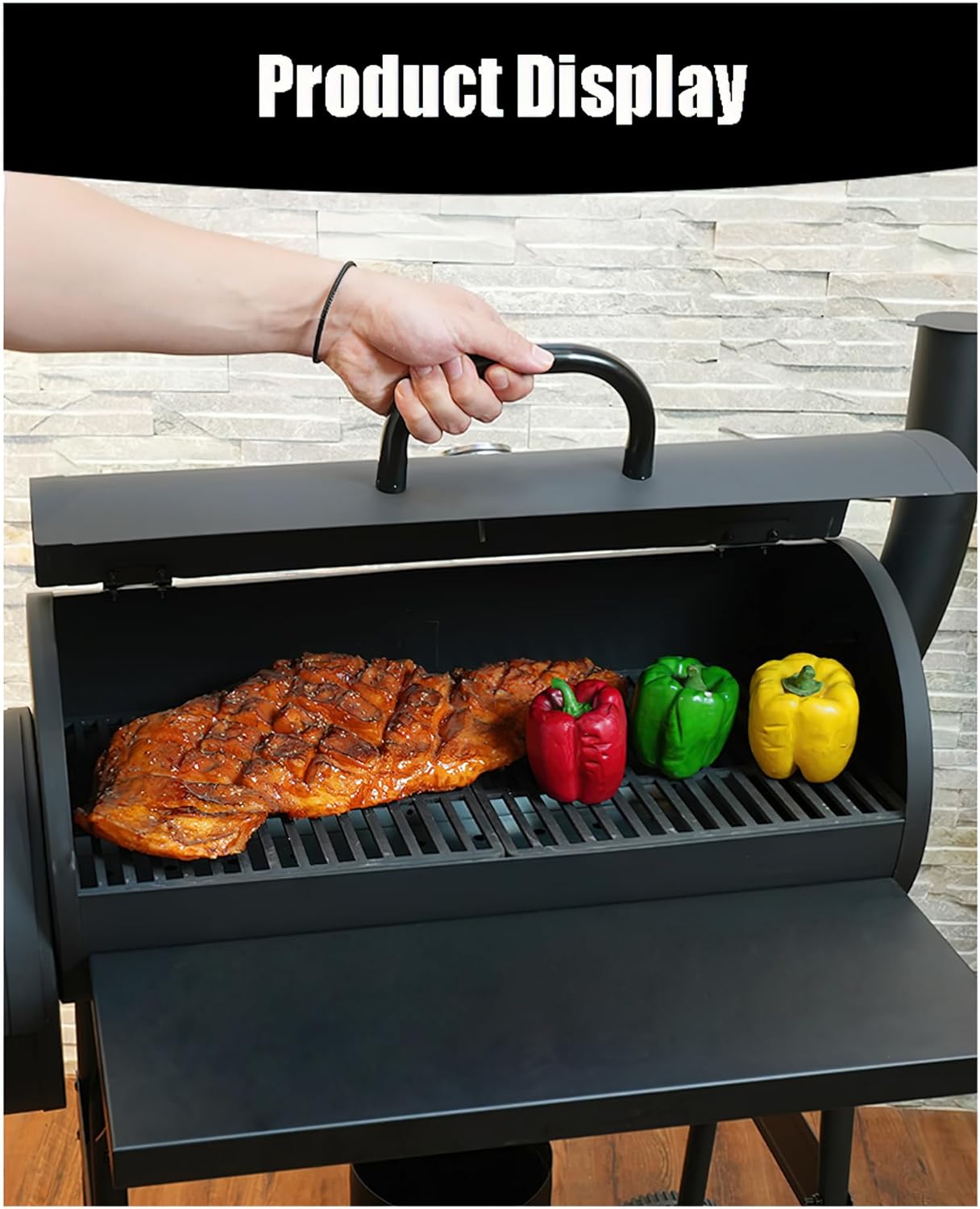 Outdoor barbecue charcoal smoked mother and child grill, black steel, 44.88x23.62x46.06 inches, with thermometer, storage rack, wheels