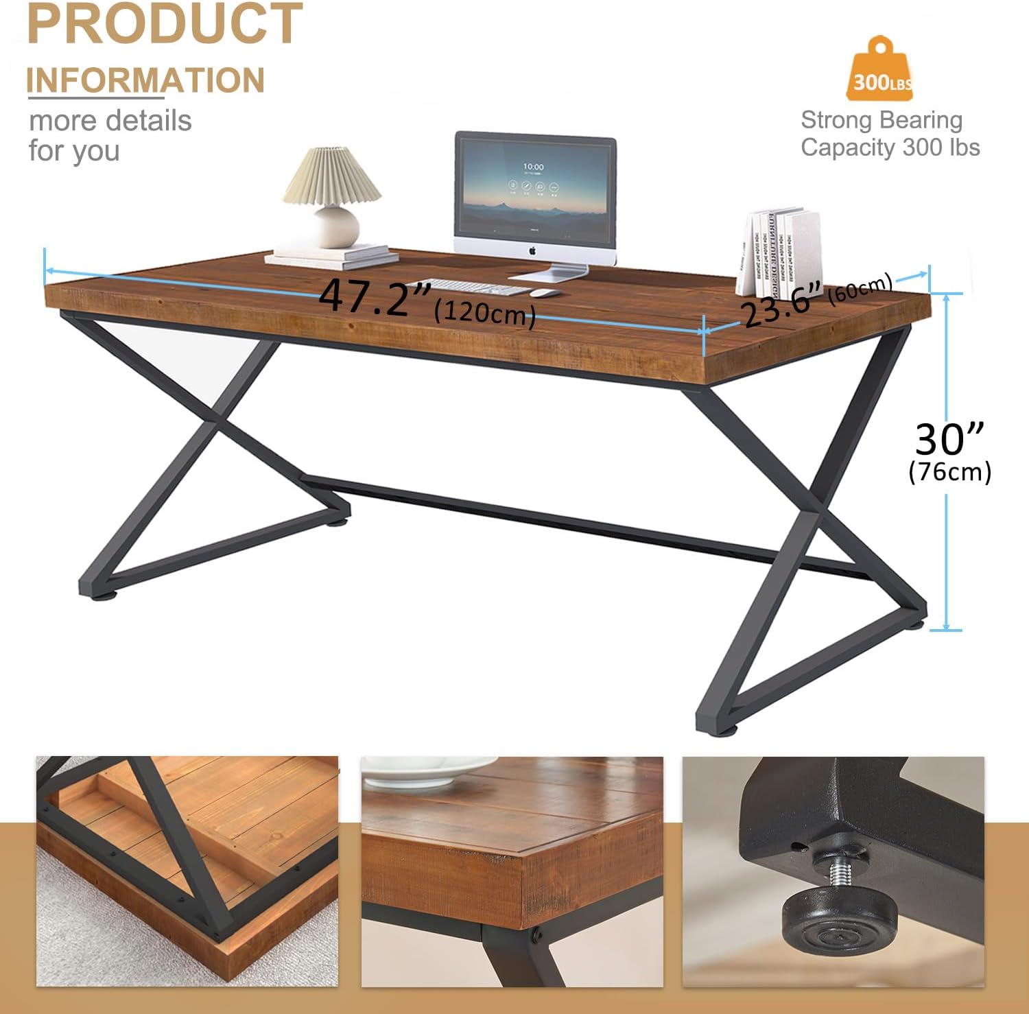 IBF Solid Wood Work Desk, Minimalist 47” Real Wood Computer Desk, Rustic Natural Wood Desk for Home Office Writing Study, Vintage Wooden PC Gaming Computer Table Workstation in Bedroom, Brown, 47 inch