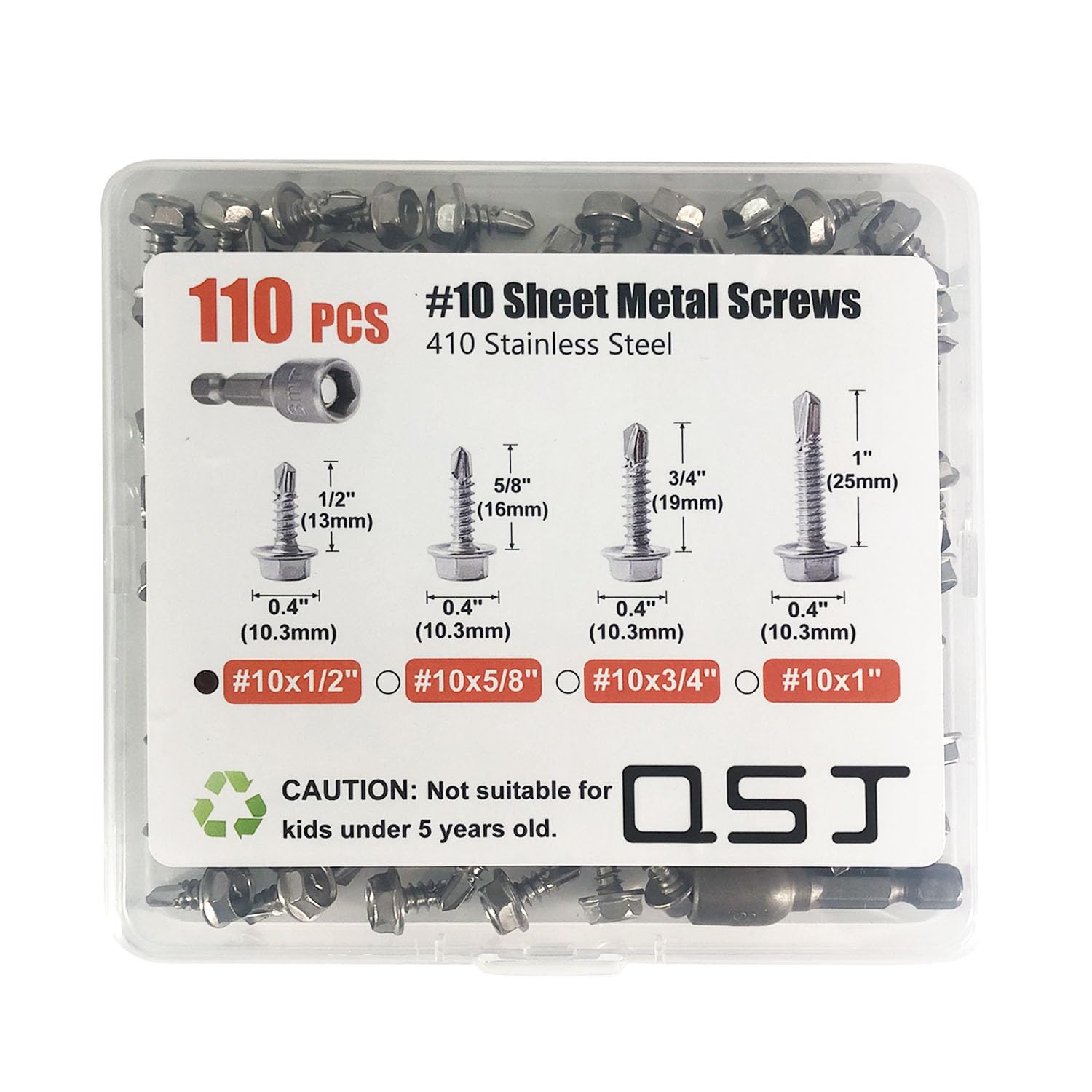 QSJ 110Pcs #10 x 1/2'' Sheet Metal Screws 410 Stainless Steel Hex Washer Head Fast Self Tapping Screws with Screwdriver Bit Silver