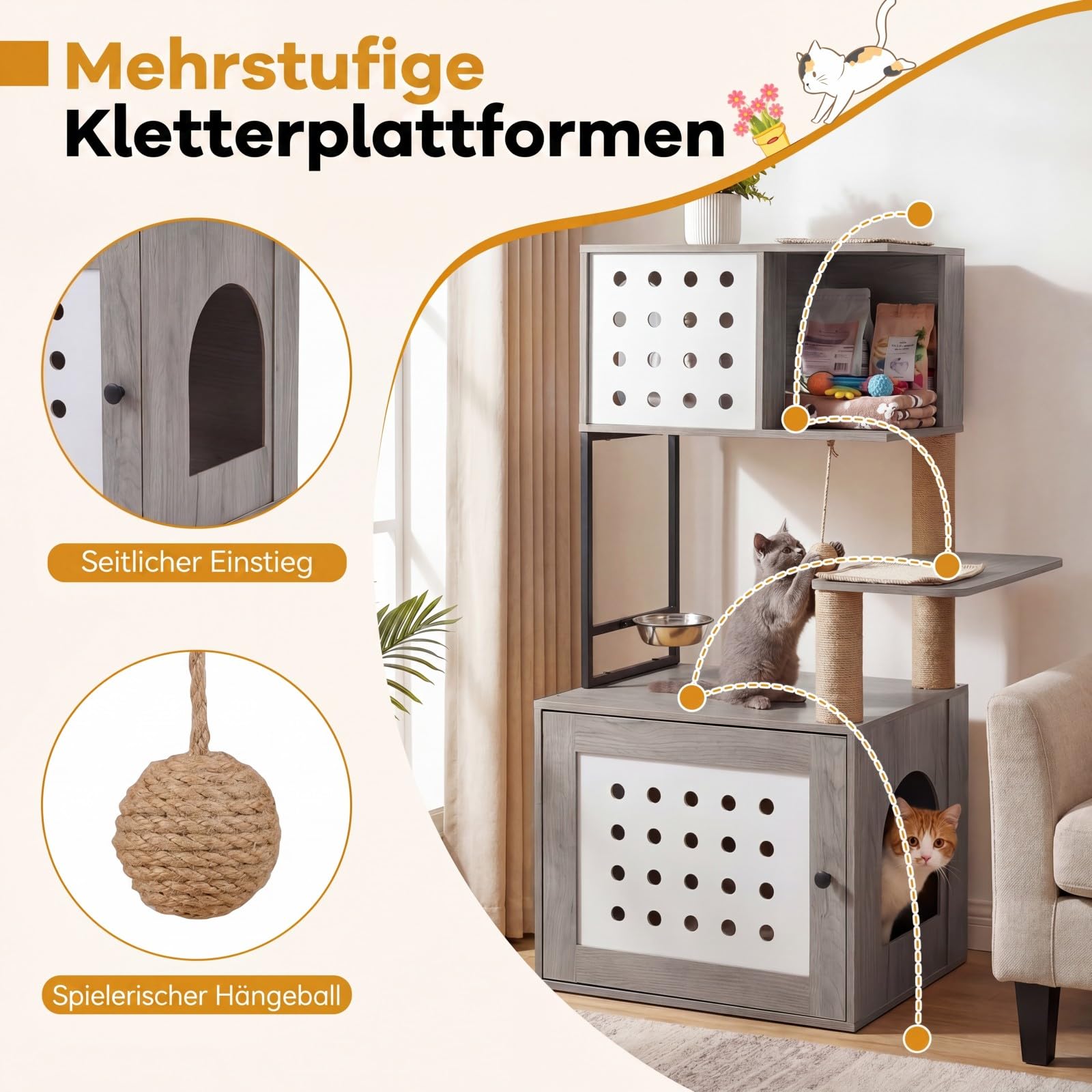 COSTWAY Kratzbaum mit Katzenklo Schrank, Katzenschrank für Katzentoilette, Katzenhaus Holz, Katzenkratzbaum mit Futterstation, Sisalpfosten, Kratzmatten & Eingang, Katzenbaum Katzen (Grau)