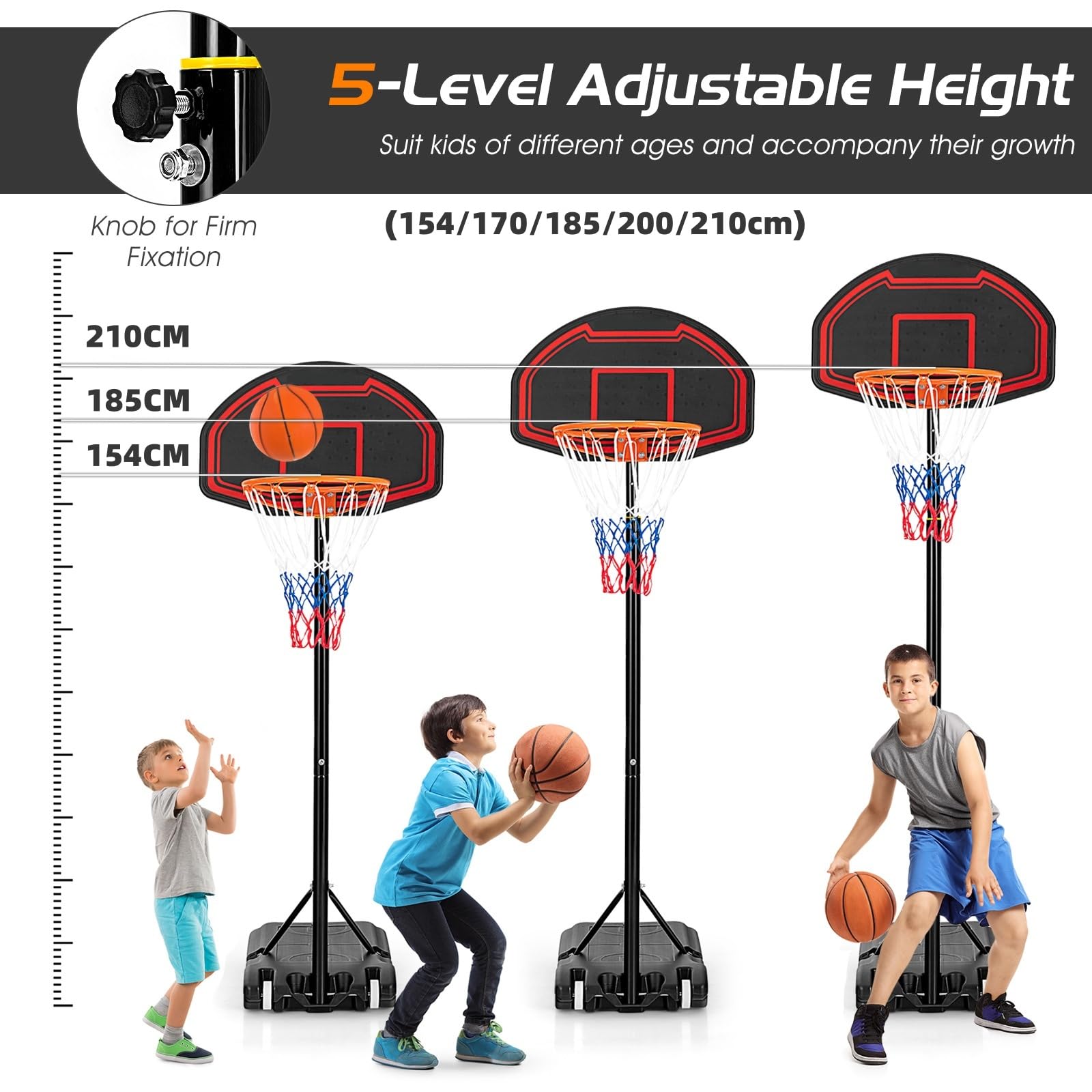 LIFEZEAL Canasta de Baloncesto para Niños con 5 Posiciones de Ajuste de Altura (192-247cm), Base Recargable, Red Duradera, Tablero Irrompible, Canasta Móvil para Interior y Exterior