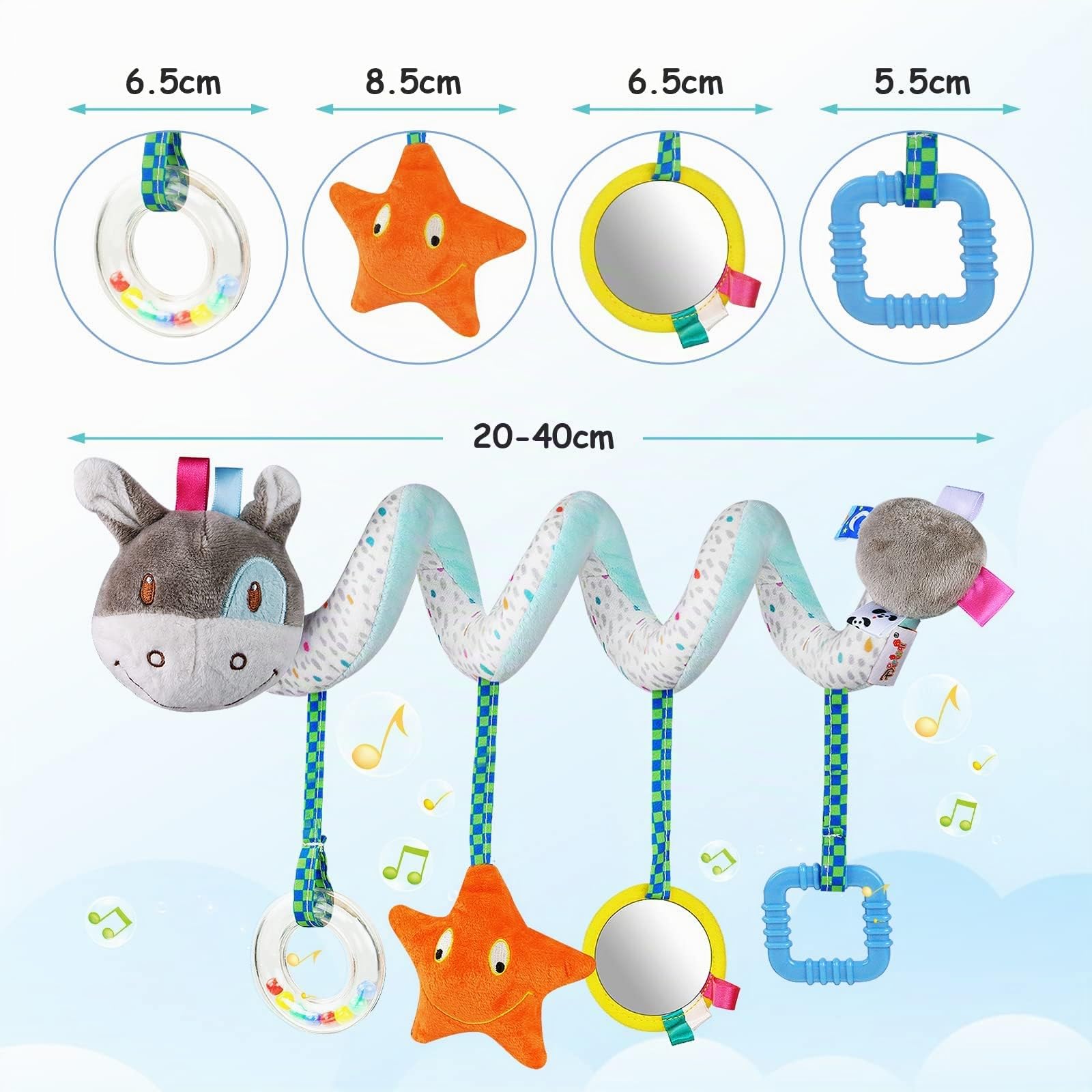 Vicloon Colgantes para Cochecitos Juguetes para Bebé de 0 a 24 Meses, Juguetes de Peluche en Espiral para Bebé con Mordedor y Sonajero, para Cochecitos/Cunas/Asientos de Automóviles (Burro)
