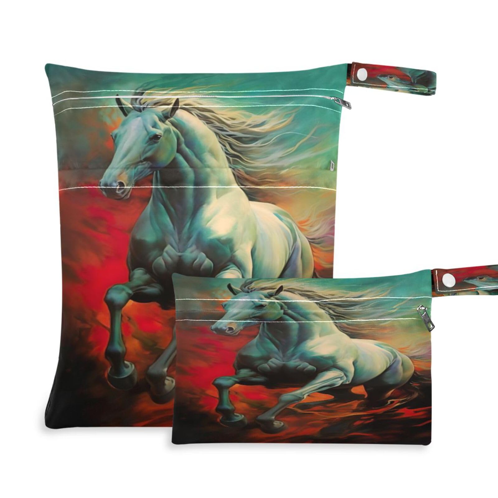 ATTX Horse Galloping Painting Wet Dry Bags 2-Pack - Reusable Cloth Diaper Storage for Travel, Beach & Gym | Multi-Use Waterproof Bags for Swimsuits, Baby Clothes, Sports Gear#533