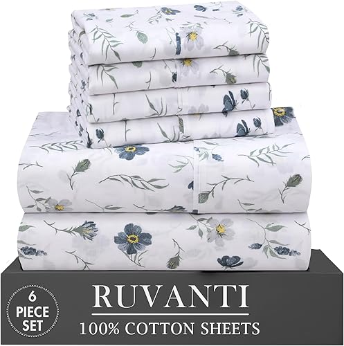 RUVANTI Juego de 6 sábanas de algodón - Sábanas de cama de percal crujiente de algodón 100% natural suave, ligero y transpirable, juego de sábanas
