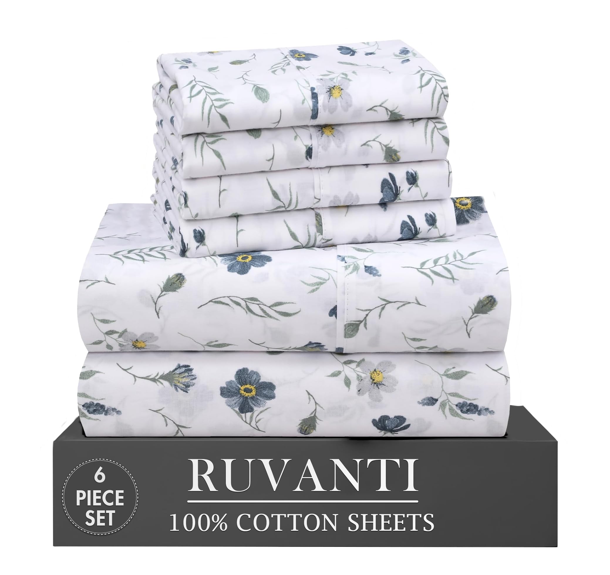 Ruvanti 6-Pc 100% Cotton Percale Sheet Set, Full Size, 16" Deep Pockets, Coastal Blue, BCI202401
