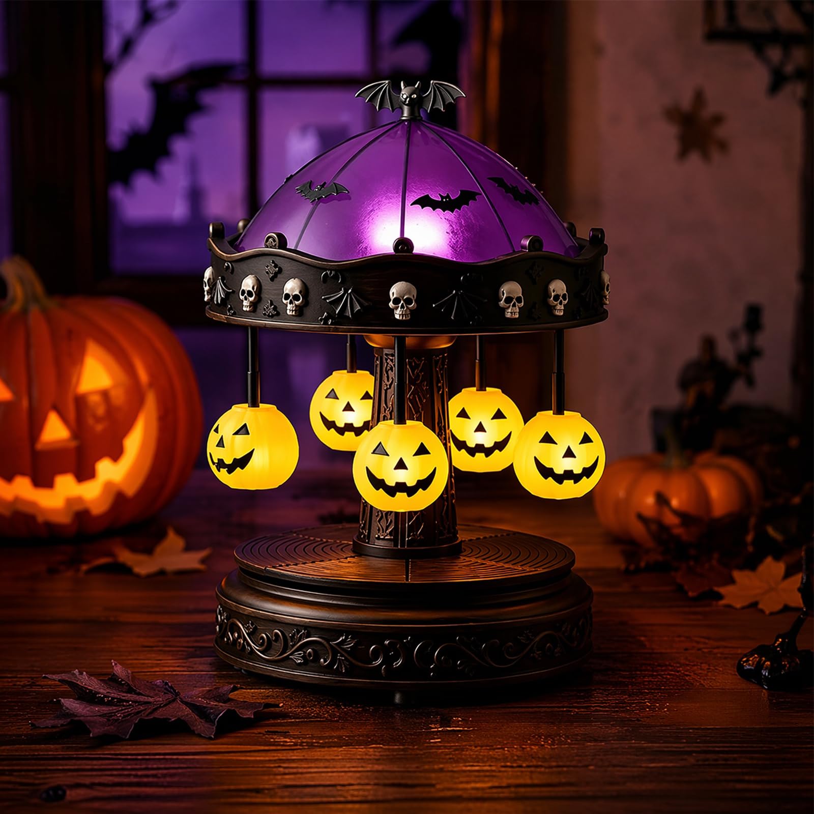 Ghost Carousel Lights, Stained Glass LED Vintage Lamp with Antique Copper Base, Halloween Rechargeable Night Light with Floating Ghosts for Party Decoration Reading (Rotation)