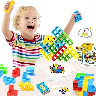 Tetra Tower Balance Game, 32pcs Tetris Tower Building Games Toy, Swing Stack High Child Balance Toy, Early Development Toys, Montessori Stacking Blocks Toys for 2 3 4 5 6 Year Old Boys Grils