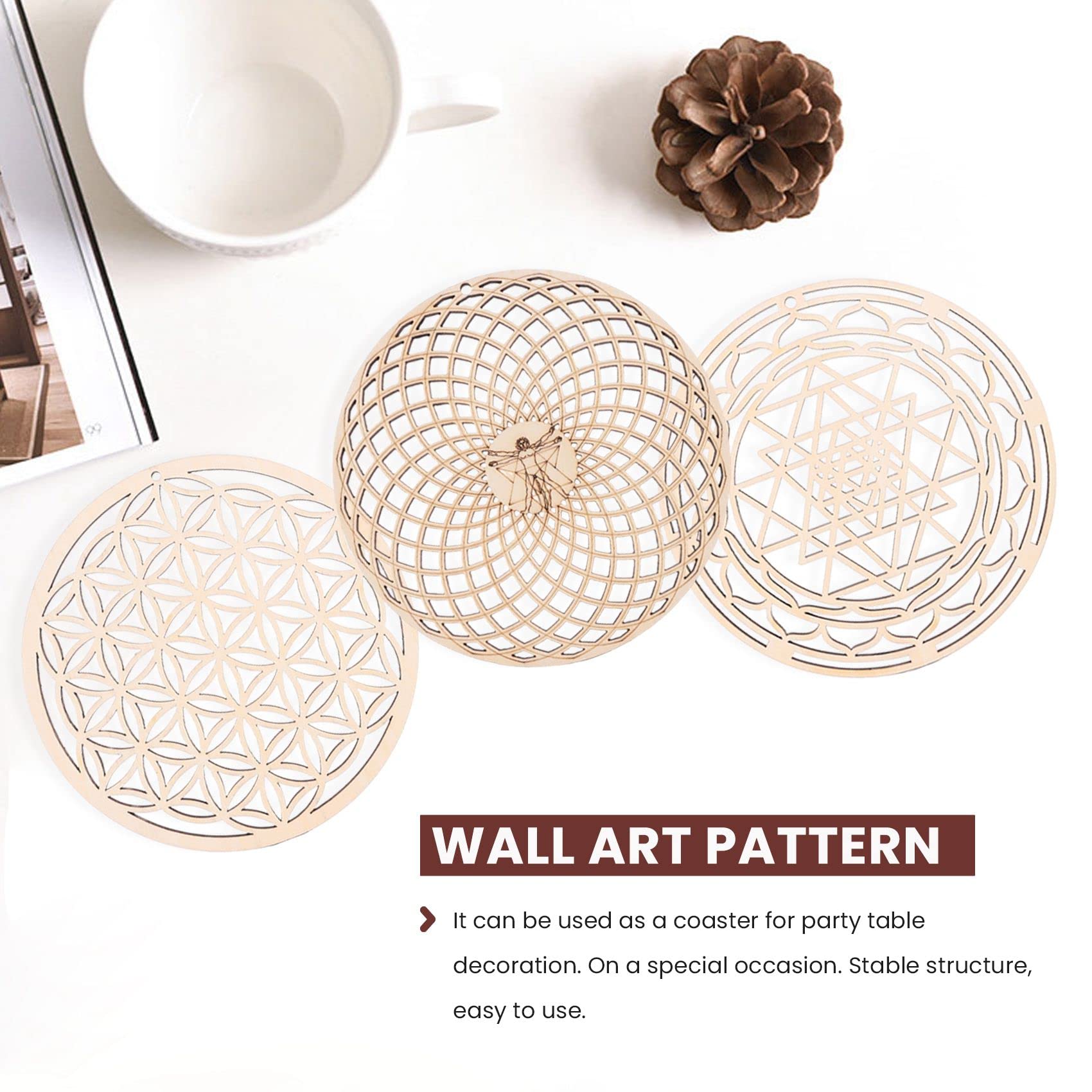 8Pcs DIY Fiore della Vita sottobicchieri in Legno, Mandala Sottobicchieri per Bevande, Geometria Sacra Scultura Wall Arte Dipinti Murali per Yoga Purificazione Meditazione Luminoterapia(14cm)