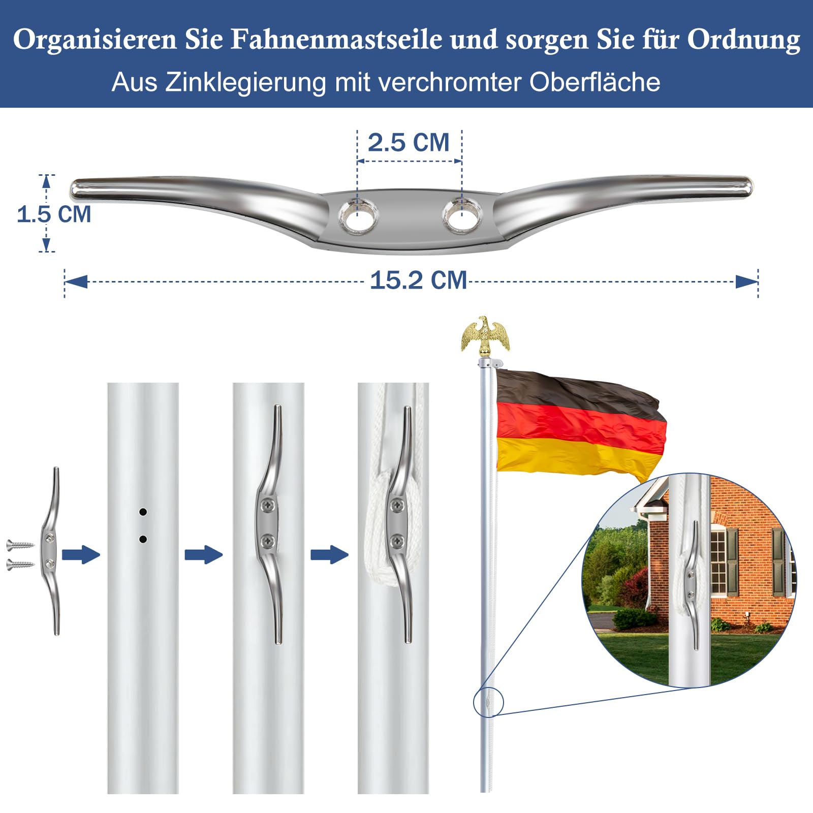 NQ Fahnenmast Zubehör Set mit Adler,Fahnenmast Reparaturset,Fahnenmast-Reparaturteile inkl.Adler,Seil,Karabiner, Klampe,Topper aus Aluminium mit Seilrolle(Gold)