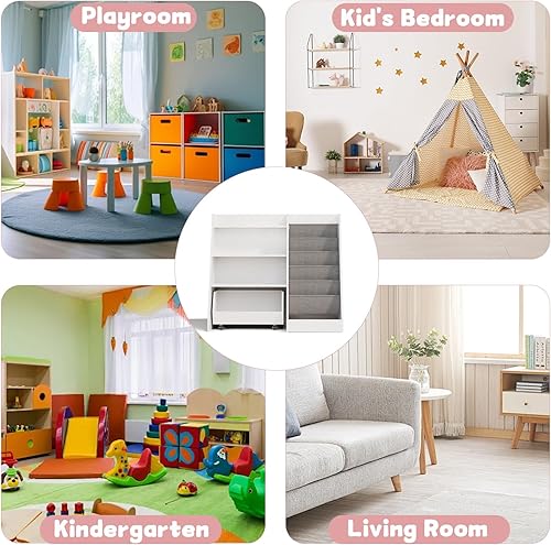 Miniatura 7 de COZPAW Estantería para niños y almacenamiento de juguetes, estantería para niños pequeños de 4 niveles con cajón móvil, 5 bolsillos de eslinga,