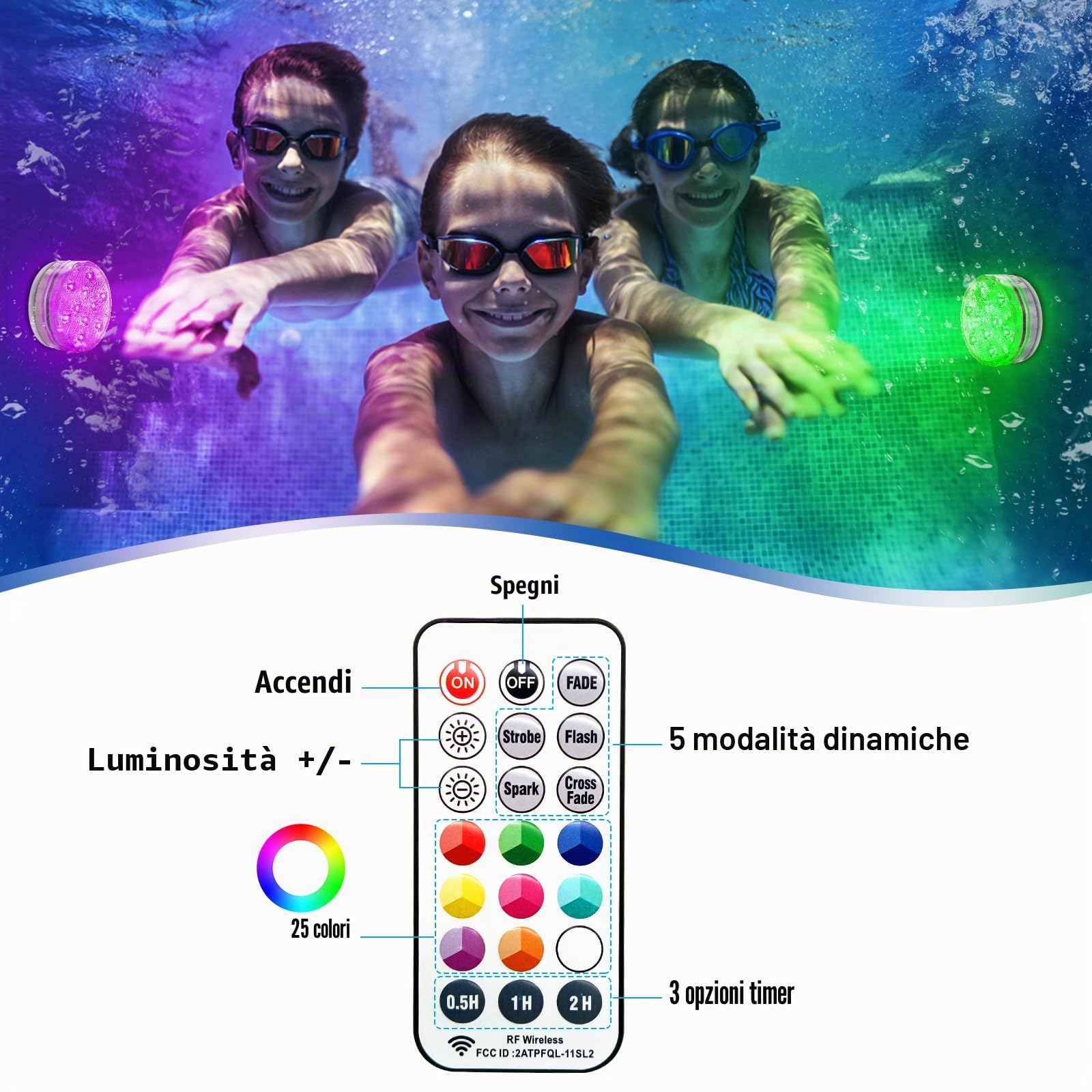Qoolife Ricaricabile LED Sommergibili Con Telecomando, USB RGBW Luci Piscina Impermeabile Subacquee per La Cerimonia Nuziale, Partito, Piscina, Fish Tank Decorazione (1Pacco)
