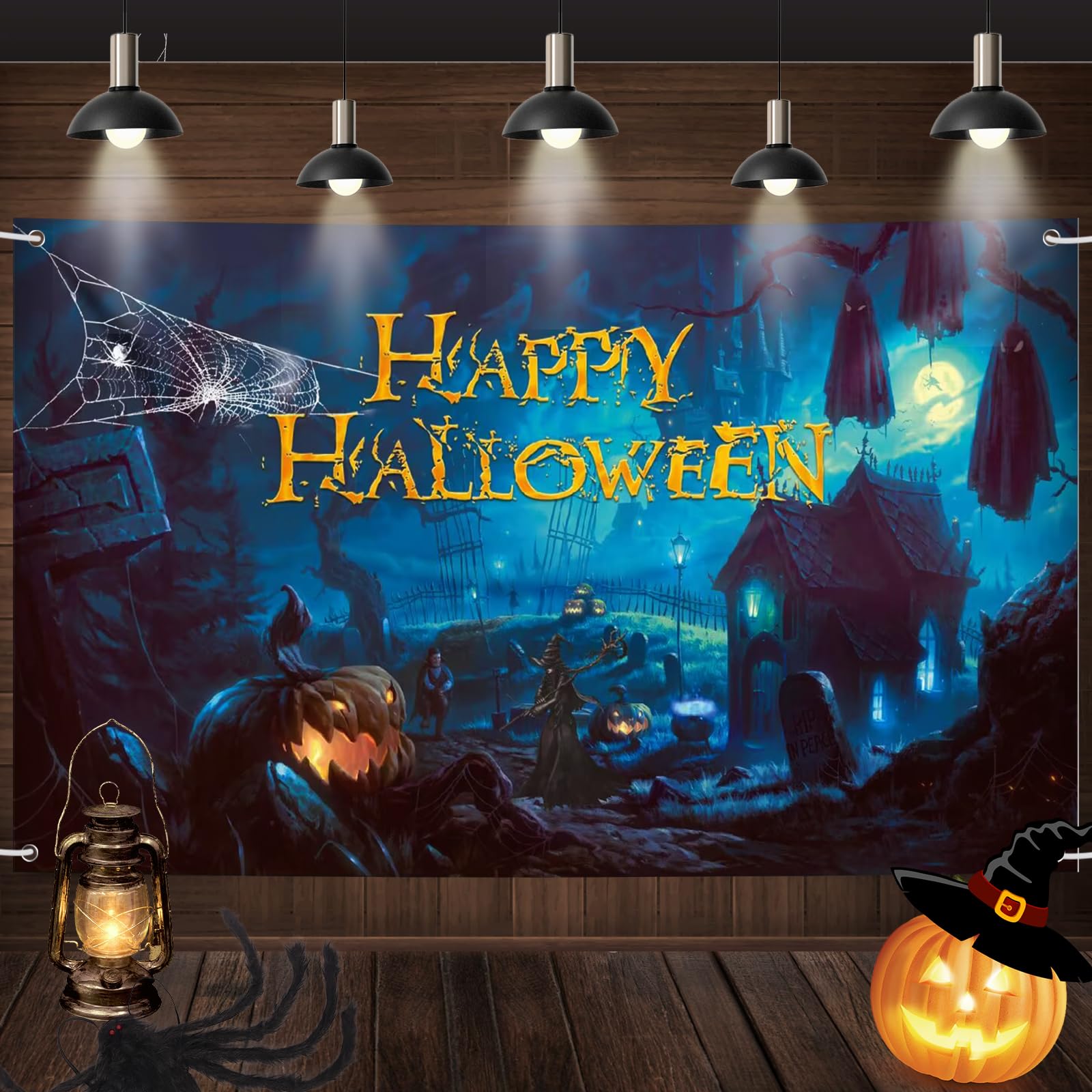 Happy Halloween Banner, Large Fabric Halloween Party Backdrop, Hellowen Background with Pumpkin Castle Pattern, Halloween Hanging Banner Halloween Decorations for Halloween Indoor Outdoor Party Decor